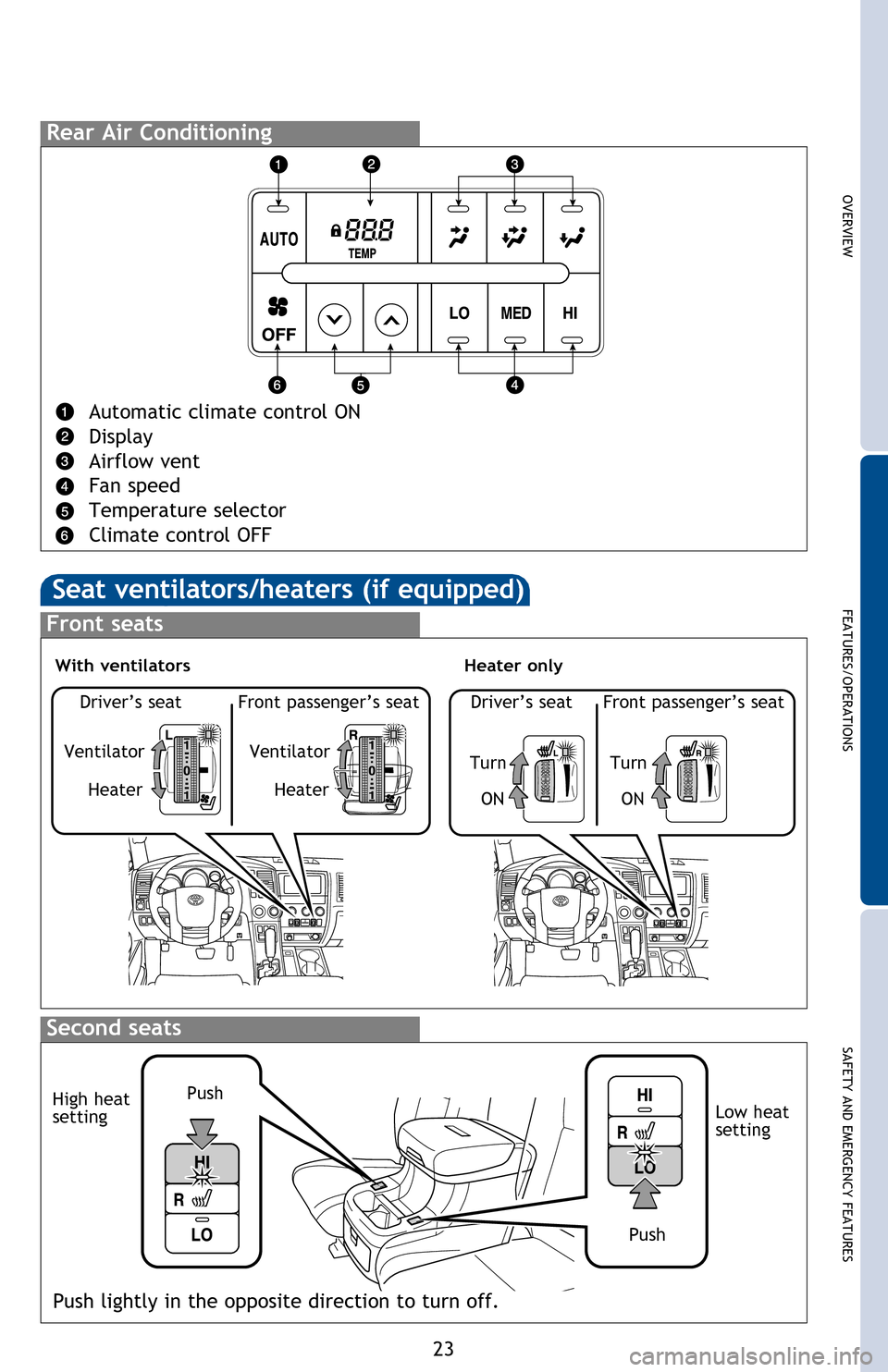 TOYOTA SEQUOIA 2016 2.G Quick Reference Guide OVERVIEW
FEATURES/OPERATIONS
SAFETY AND EMERGENCY FEATURES
23
Fan speed
Automatic climate control ON
Adjusting the temperature setting will cause the airflow vents, air intake and 
fan to adjust autom