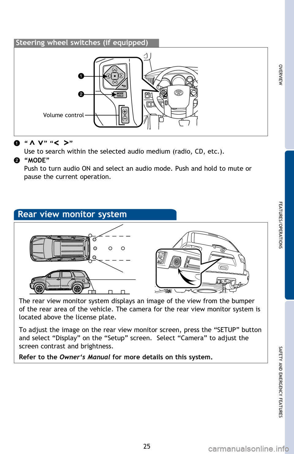 TOYOTA SEQUOIA 2016 2.G Quick Reference Guide OVERVIEWFEATURES/OPERATIONS
SAFETY AND EMERGENCY FEATURES
25
Turn to tune
radio stations
manually or
select tracks
or files
Seek station/
CD track
select
“ ” “ ”
Use to search TOYOTA SEQUOIA 2016 2.G Quick Reference Guide OVERVIEWFEATURES/OPERATIONS
SAFETY AND EMERGENCY FEATURES
25
Turn to tune
radio stations
manually or
select tracks
or files
Seek station/
CD track
select
“ ” “ ”
Use to search