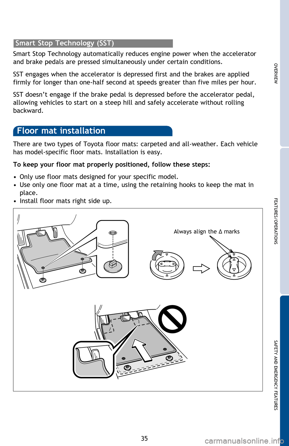 TOYOTA SEQUOIA 2016 2.G Quick Reference Guide OVERVIEW
FEATURES/OPERATIONS
SAFETY AND EMERGENCY FEATURES
35
There are two types of Toyota floor mats: carpeted and all-weather. Each vehicle
has model-specific floor mats. Installation is easy.
To TOYOTA SEQUOIA 2016 2.G Quick Reference Guide OVERVIEW
FEATURES/OPERATIONS
SAFETY AND EMERGENCY FEATURES
35
There are two types of Toyota floor mats: carpeted and all-weather. Each vehicle
has model-specific floor mats. Installation is easy.
To
