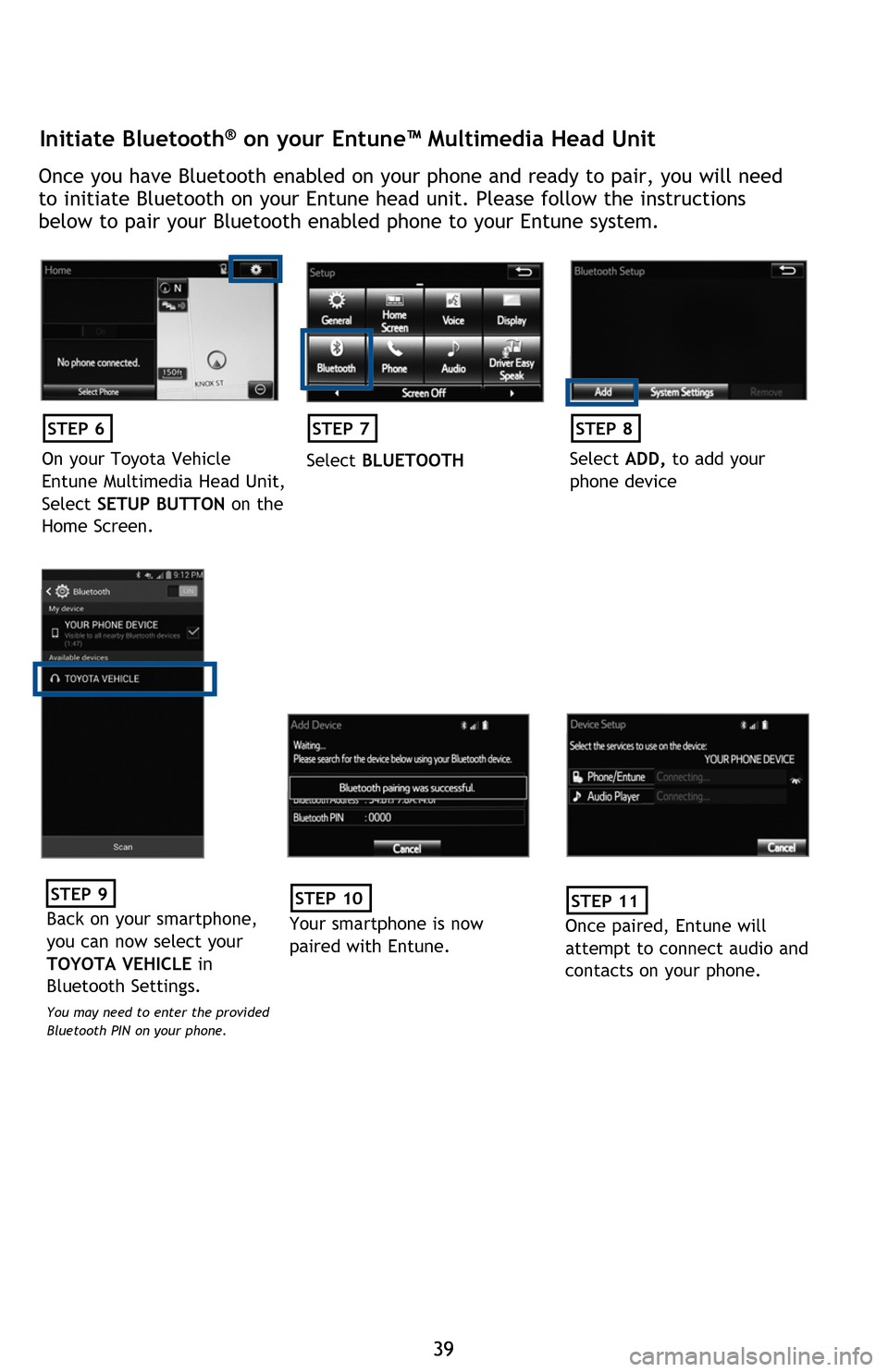 TOYOTA SEQUOIA 2016 2.G Quick Reference Guide 3939
BLUETOOTH® DEVICE PAIRING
Pairing your phone is the first step in connecting with your Toyota for hands-free calling and for audio streaming via Bluetooth. This pairing process is quick and
eas TOYOTA SEQUOIA 2016 2.G Quick Reference Guide 3939
BLUETOOTH® DEVICE PAIRING
Pairing your phone is the first step in connecting with your Toyota for hands-free calling and for audio streaming via Bluetooth. This pairing process is quick and
eas