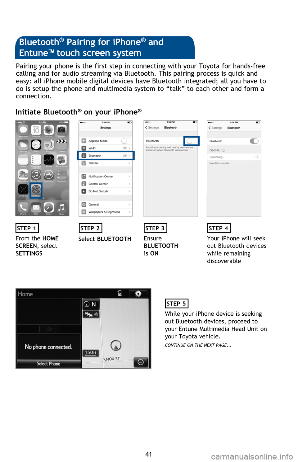 TOYOTA SEQUOIA 2016 2.G Quick Reference Guide 4141
BLUETOOTH DEVICE PAIRING
Initiate Bluetooth® on your Entune™ Multimedia Head Unit (continued)
Additional Resources
If you’re having trouble pairing your phone, Toyota has you covered. Yo u c TOYOTA SEQUOIA 2016 2.G Quick Reference Guide 4141
BLUETOOTH DEVICE PAIRING
Initiate Bluetooth® on your Entune™ Multimedia Head Unit (continued)
Additional Resources
If you’re having trouble pairing your phone, Toyota has you covered. Yo u c