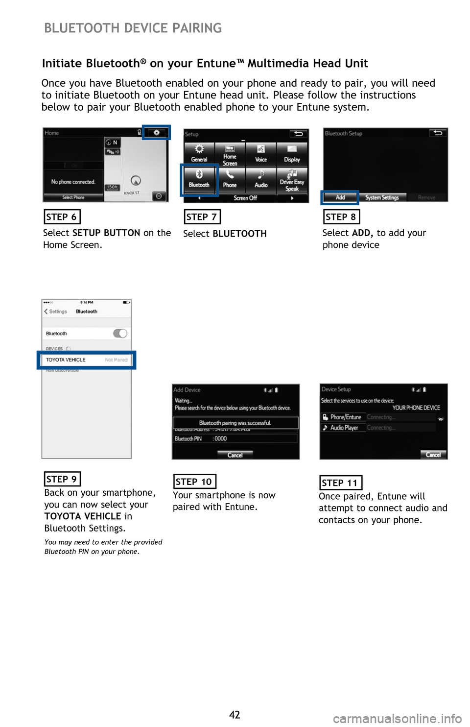 TOYOTA SEQUOIA 2016 2.G Quick Reference Guide 4242
BLUETOOTH DEVICE PAIRING
Initiate Bluetooth® on your Entune™ Multimedia Head Unit
Once you have Bluetooth enabled on your phone and ready to pair, you will need
to initiate Bluetooth on your TOYOTA SEQUOIA 2016 2.G Quick Reference Guide 4242
BLUETOOTH DEVICE PAIRING
Initiate Bluetooth® on your Entune™ Multimedia Head Unit
Once you have Bluetooth enabled on your phone and ready to pair, you will need
to initiate Bluetooth on your