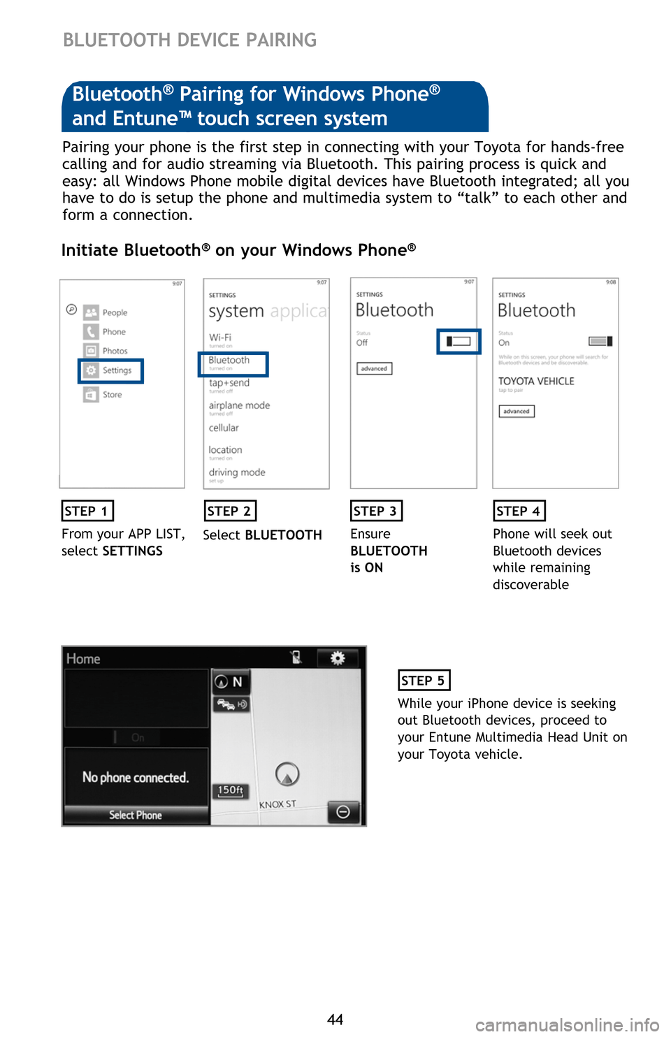 TOYOTA SEQUOIA 2016 2.G Quick Reference Guide 4444
BLUETOOTH DEVICE PAIRING
Pairing your phone is the first step in connecting with your Toyota for hands-free 
calling and for audio streaming via Bluetooth. This pairing process is quick and 
easy