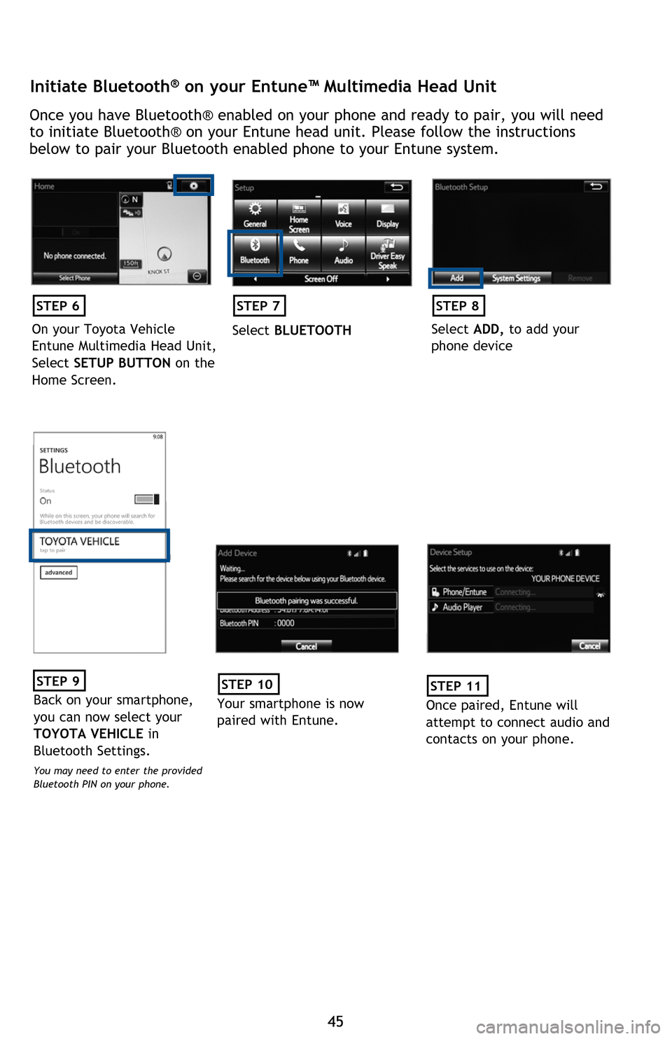 TOYOTA SEQUOIA 2016 2.G Quick Reference Guide 4545
BLUETOOTH DEVICE PAIRING
Pairing your phone is the first step in connecting with your Toyota for hands-free calling and for audio streaming via Bluetooth. This pairing process is quick and
easy: TOYOTA SEQUOIA 2016 2.G Quick Reference Guide 4545
BLUETOOTH DEVICE PAIRING
Pairing your phone is the first step in connecting with your Toyota for hands-free calling and for audio streaming via Bluetooth. This pairing process is quick and
easy: