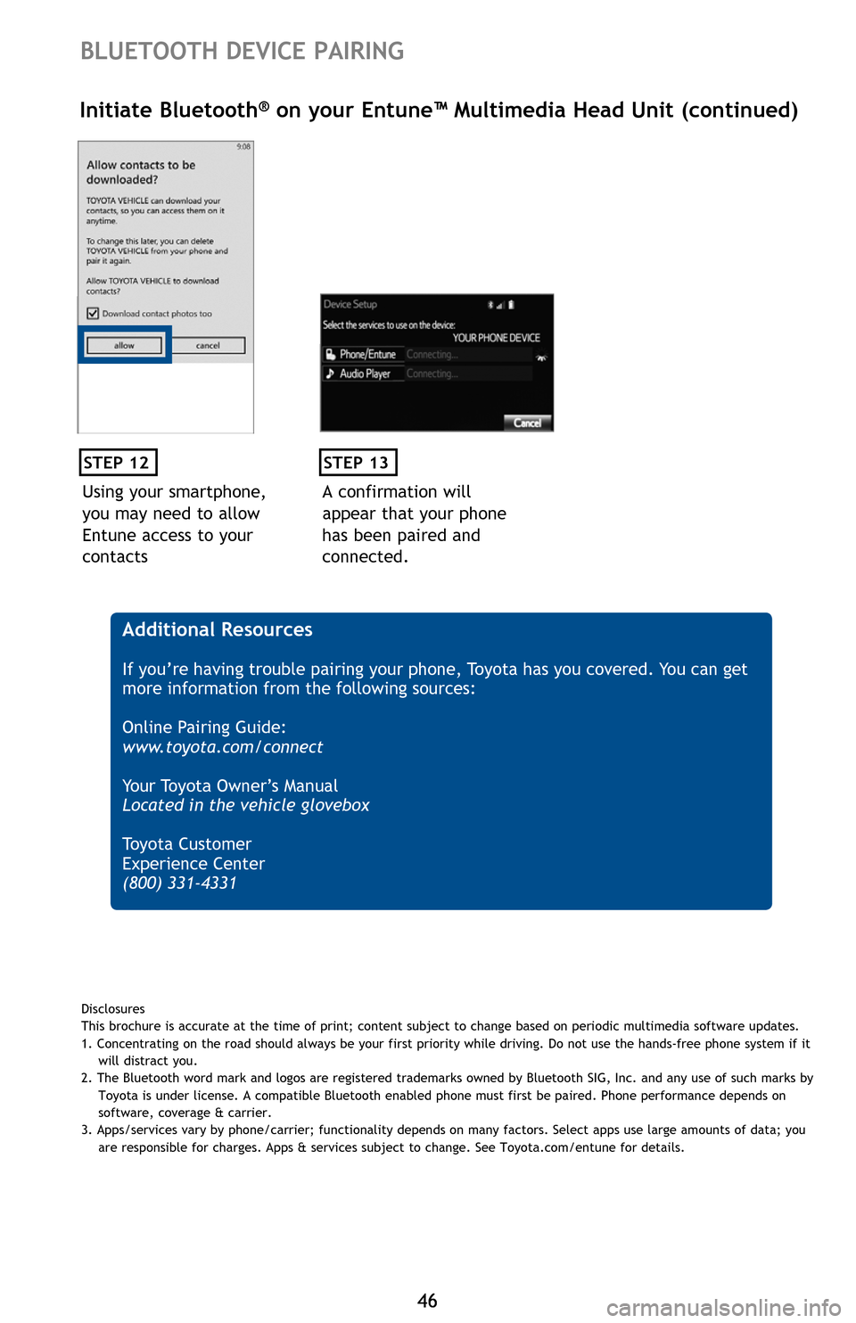 TOYOTA SEQUOIA 2016 2.G Quick Reference Guide 4646
BLUETOOTH DEVICE PAIRING
Using your smartphone,
you may need to allow
Entune access to your
contacts
STEP 12
Initiate Bluetooth® on your Entune™ Multimedia Head Unit (continued)
A confirmat TOYOTA SEQUOIA 2016 2.G Quick Reference Guide 4646
BLUETOOTH DEVICE PAIRING
Using your smartphone,
you may need to allow
Entune access to your
contacts
STEP 12
Initiate Bluetooth® on your Entune™ Multimedia Head Unit (continued)
A confirmat