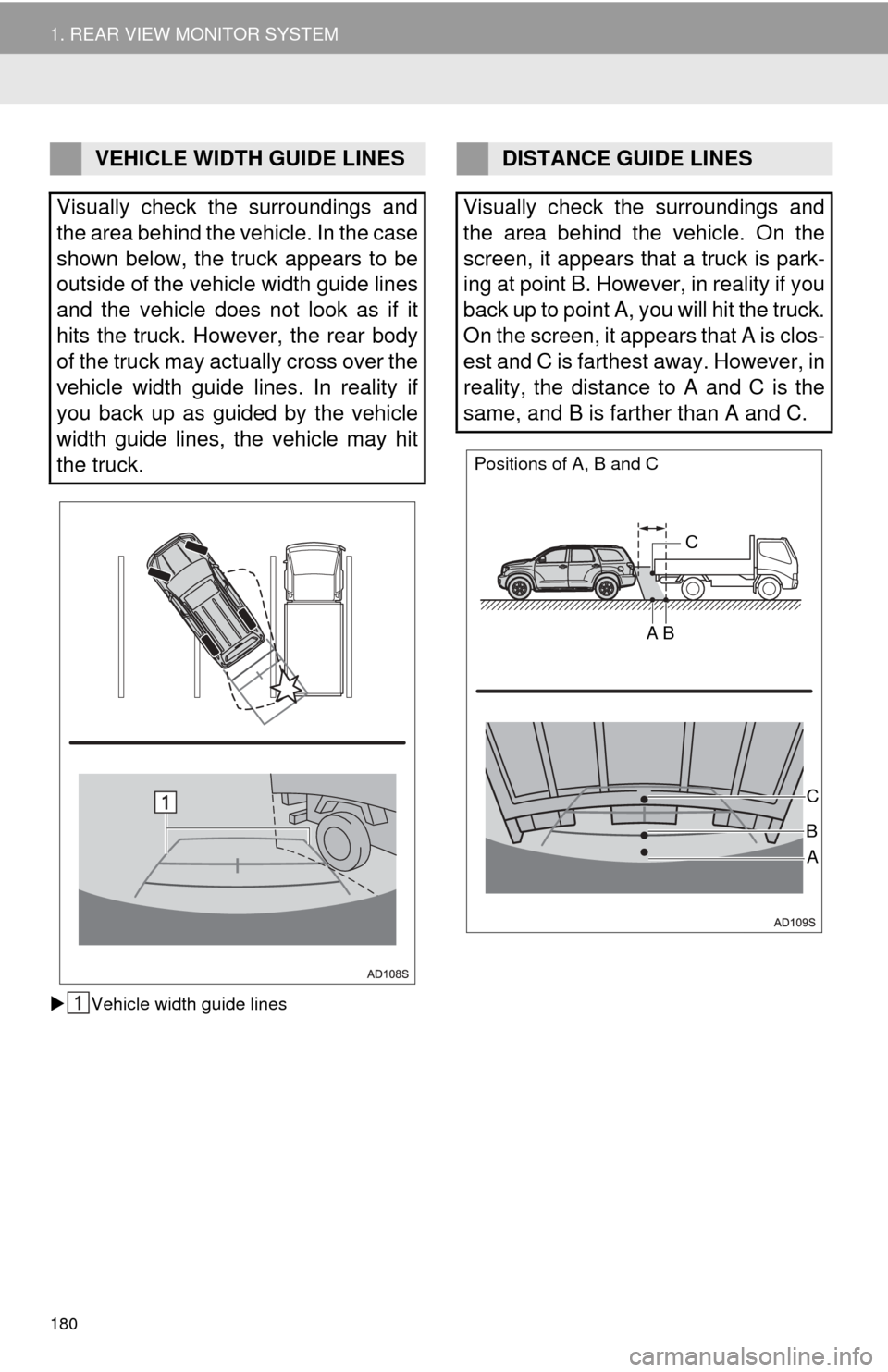 TOYOTA SEQUOIA 2017 2.G Navigation Manual 180
1. REAR VIEW MONITOR SYSTEM
Vehicle width guide lines
VEHICLE WIDTH GUIDE LINES
Visually check the surroundings and
the area behind the vehicle. In the case
shown below, the truck appears to be TOYOTA SEQUOIA 2017 2.G Navigation Manual 180
1. REAR VIEW MONITOR SYSTEM
Vehicle width guide lines
VEHICLE WIDTH GUIDE LINES
Visually check the surroundings and
the area behind the vehicle. In the case
shown below, the truck appears to be