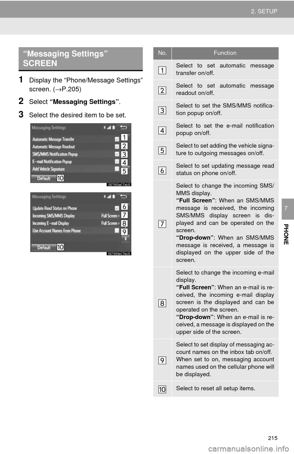 TOYOTA SEQUOIA 2017 2.G Navigation Manual 215
2. SETUP
PHONE
7
1Display the “Phone/Message Settings”
screen. (→P.205)
2Select “Messaging Settings” .
3Select the desired item to be set.
“Messaging Settings”
SCREEN No.Function
Se TOYOTA SEQUOIA 2017 2.G Navigation Manual 215
2. SETUP
PHONE
7
1Display the “Phone/Message Settings”
screen. (→P.205)
2Select “Messaging Settings” .
3Select the desired item to be set.
“Messaging Settings”
SCREEN No.Function
Se
