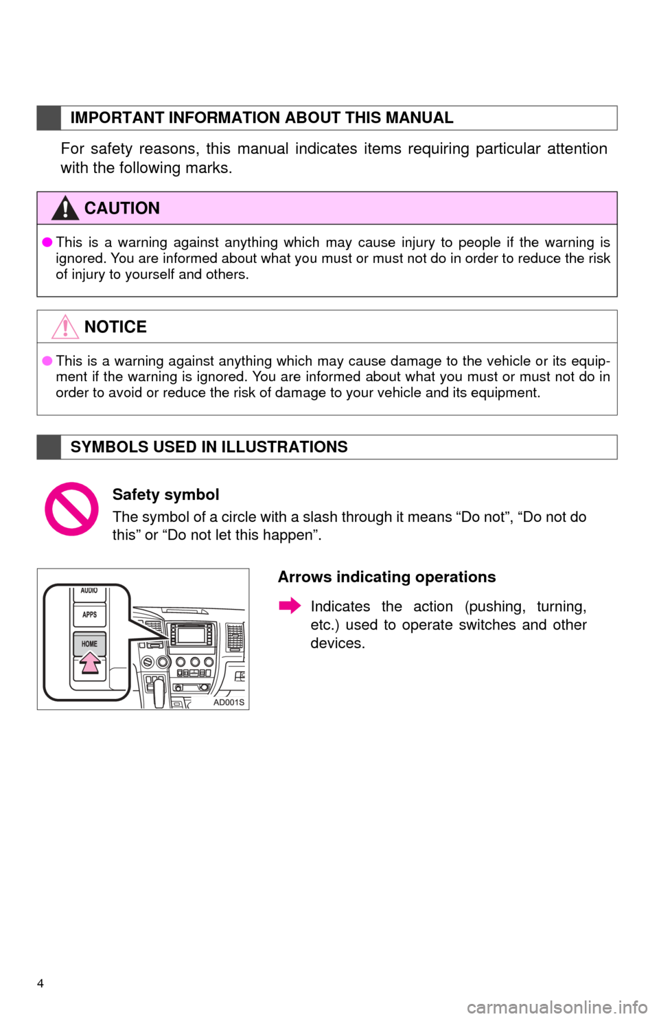 TOYOTA SEQUOIA 2017 2.G Navigation Manual 4
For safety reasons, this manual indicates items requiring particular attention
with the following marks.
IMPORTANT INFORMATION ABOUT THIS MANUAL
CAUTION
●This is a warning against anything which m