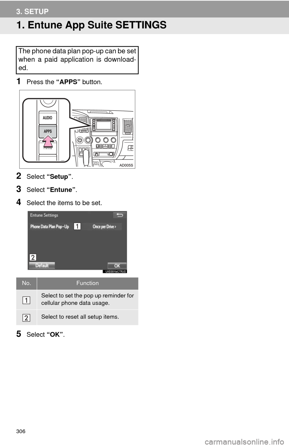 TOYOTA SEQUOIA 2017 2.G Navigation Manual 306
3. SETUP
1. Entune App Suite SETTINGS
1Press the “APPS” button.
2Select “Setup” .
3Select “Entune” .
4Select the items to be set.
5Select “OK”.
The phone data plan pop-up can be se TOYOTA SEQUOIA 2017 2.G Navigation Manual 306
3. SETUP
1. Entune App Suite SETTINGS
1Press the “APPS” button.
2Select “Setup” .
3Select “Entune” .
4Select the items to be set.
5Select “OK”.
The phone data plan pop-up can be se