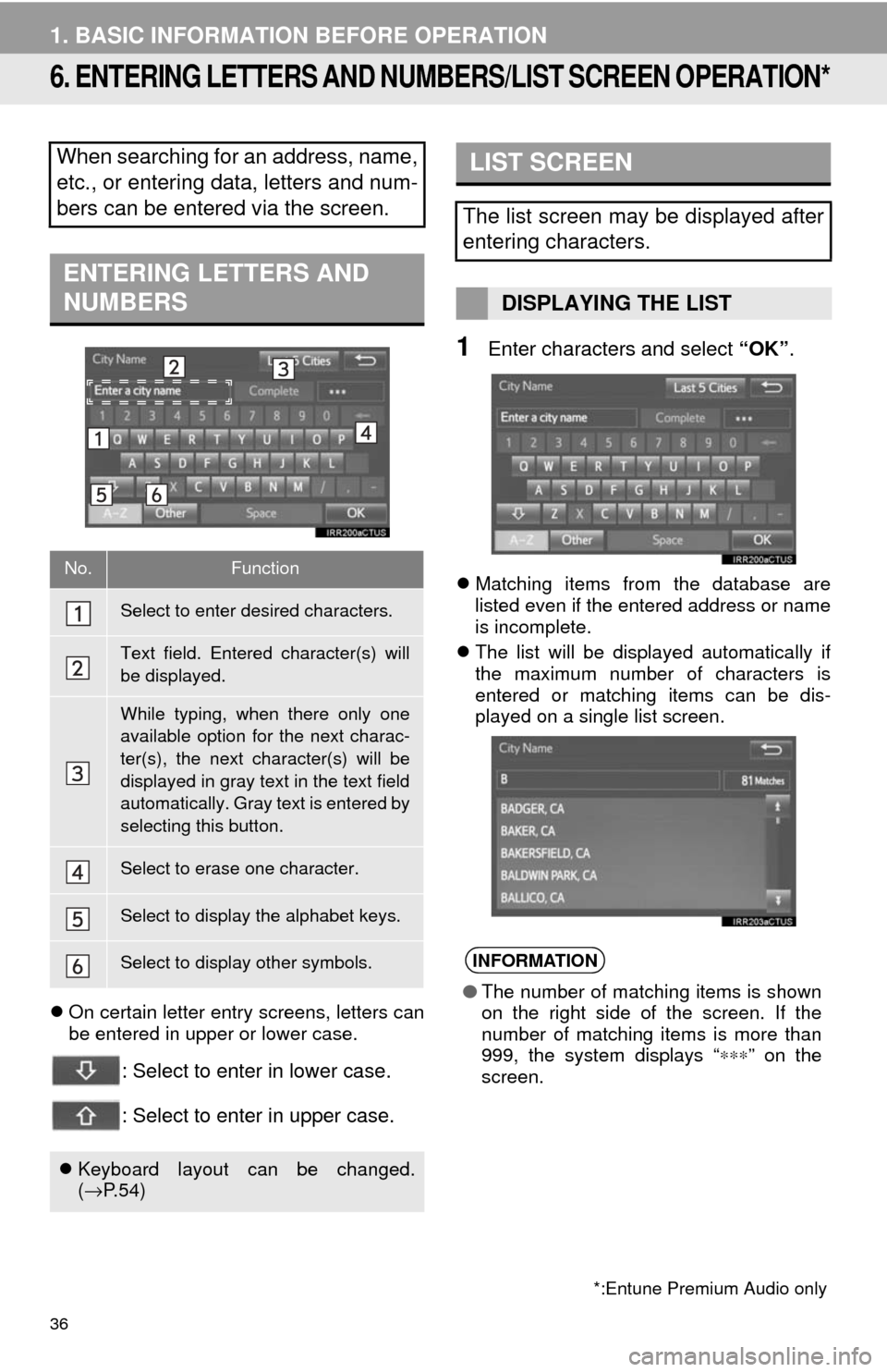 TOYOTA SEQUOIA 2017 2.G Navigation Manual 36
1. BASIC INFORMATION BEFORE OPERATION
6. ENTERING LETTERS AND NUMBERS/LIST SCREEN OPERATION*
On certain letter entry screens, letters can
be entered in upper or lower case.
: Select to enter in 
