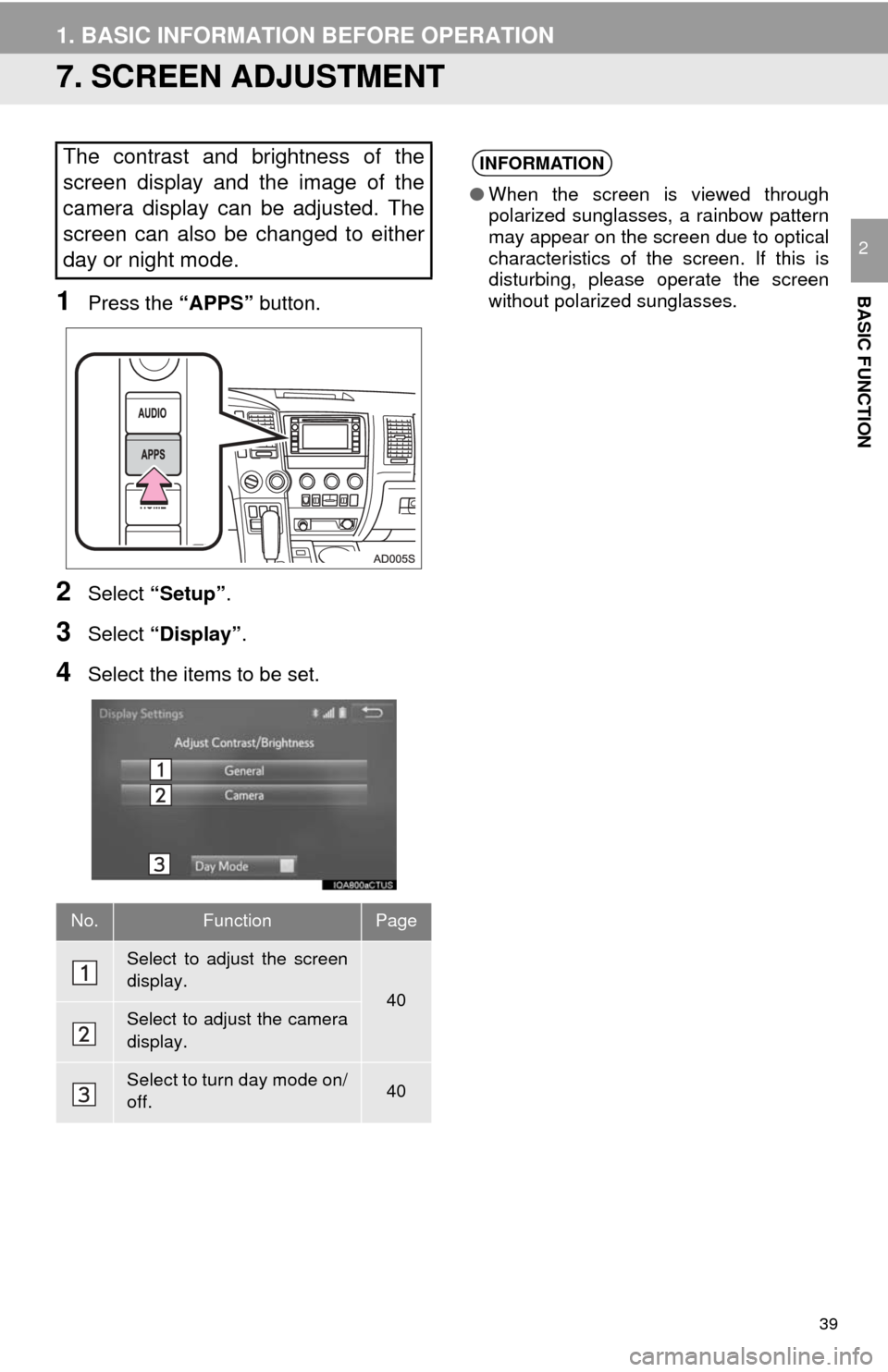 TOYOTA SEQUOIA 2017 2.G Navigation Manual 39
1. BASIC INFORMATION BEFORE OPERATION
BASIC FUNCTION
2
7. SCREEN ADJUSTMENT
1Press the “APPS” button.
2Select “Setup” .
3Select “Display” .
4Select the items to be set.
The contrast and