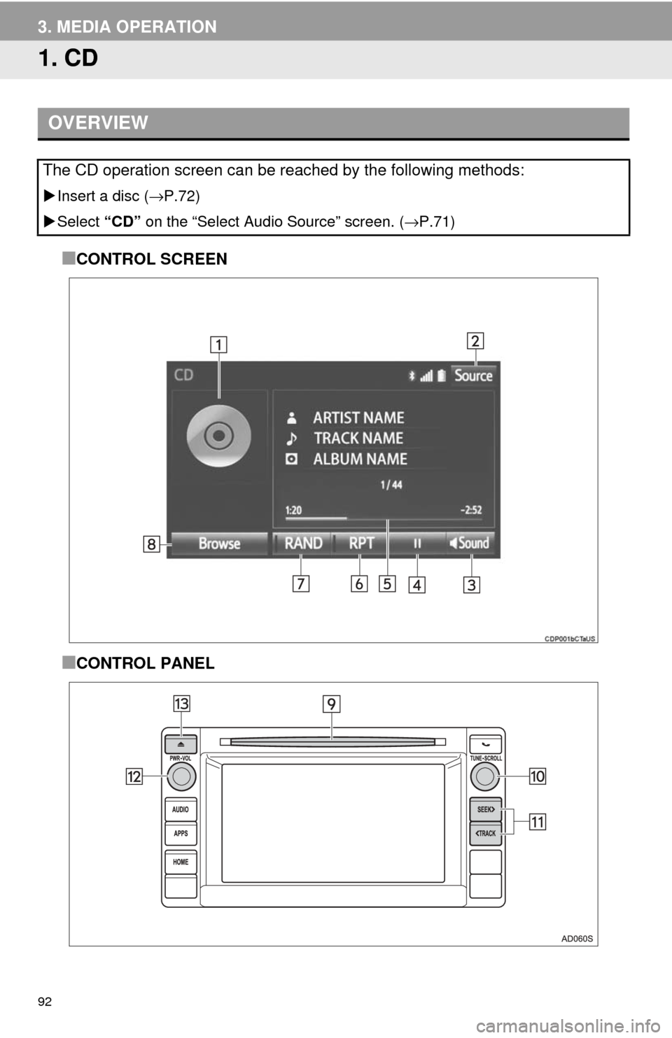 TOYOTA SEQUOIA 2017 2.G Navigation Manual 92
3. MEDIA OPERATION
1. CD
■CONTROL SCREEN
■CONTROL PANEL
OVERVIEW
The CD operation screen can be reached by the following methods: 
Insert a disc ( →P.72)
 Select  “CD” on the “Sel