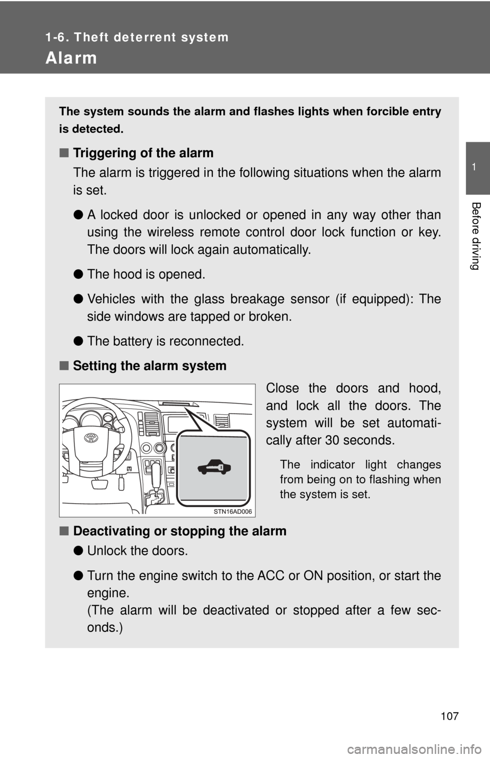 TOYOTA SEQUOIA 2017 2.G Owners Manual 107
1
1-6. Theft deterrent system
Before driving
Alarm
The system sounds the alarm and flashes lights when forcible entry
is detected.
■ Triggering of the alarm
The alarm is triggered in the fo llow