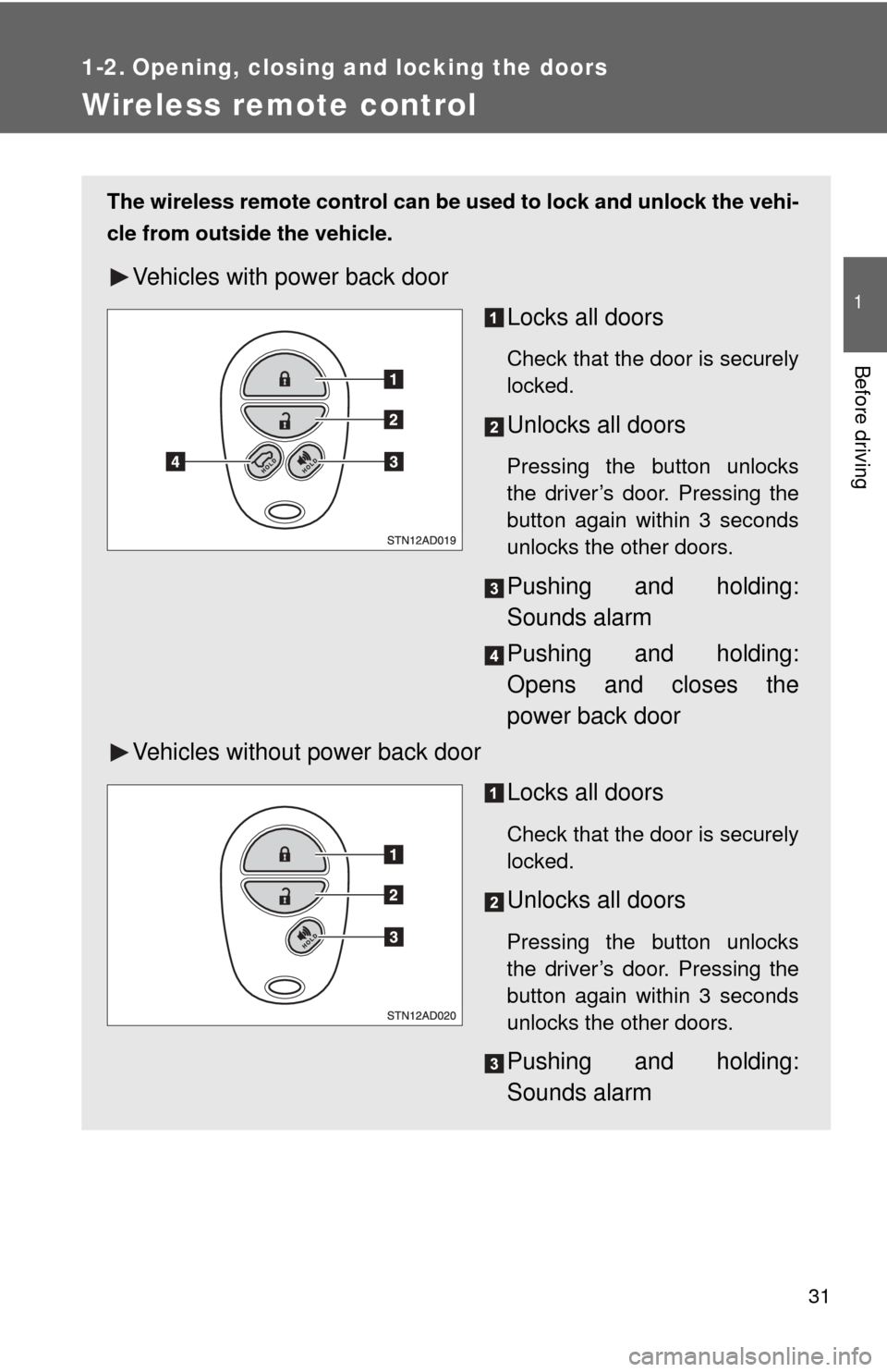TOYOTA SEQUOIA 2017 2.G Owners Manual 31
1
Before driving
1-2. Opening, closing and locking the doors
Wireless remote control
The wireless remote control can be used to lock and unlock the vehi-
cle from outside the vehicle.
Vehicles with TOYOTA SEQUOIA 2017 2.G Owners Manual 31
1
Before driving
1-2. Opening, closing and locking the doors
Wireless remote control
The wireless remote control can be used to lock and unlock the vehi-
cle from outside the vehicle.
Vehicles with