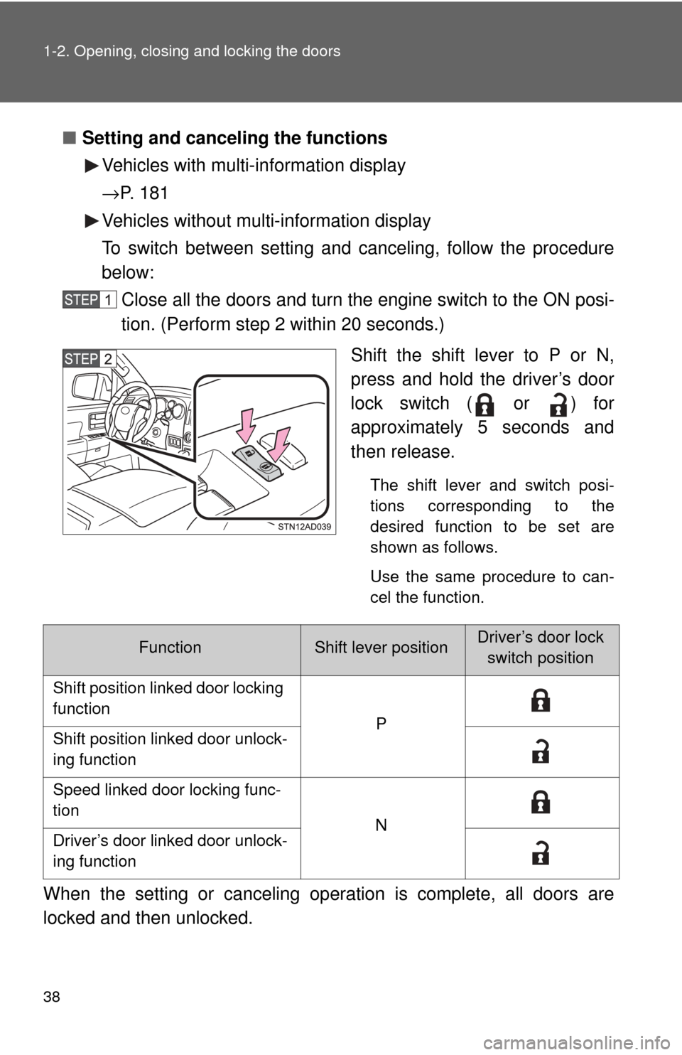 TOYOTA SEQUOIA 2017 2.G Owners Guide 38 1-2. Opening, closing and locking the doors
■Setting and canceling the functions
Vehicles with multi-information display
→P.  1 8 1
Vehicles without multi-information display
To switch between 