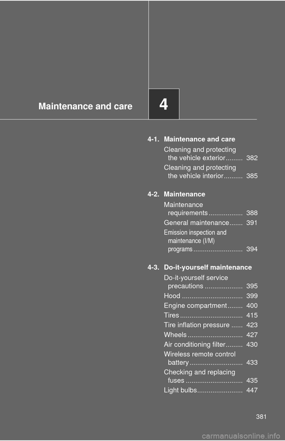 TOYOTA SEQUOIA 2017 2.G Owners Manual Maintenance and care4
381
4-1. Maintenance and careCleaning and protecting the vehicle exterior .........  382
Cleaning and protecting  the vehicle interior ..........  385
4-2. Maintenance Maintenanc