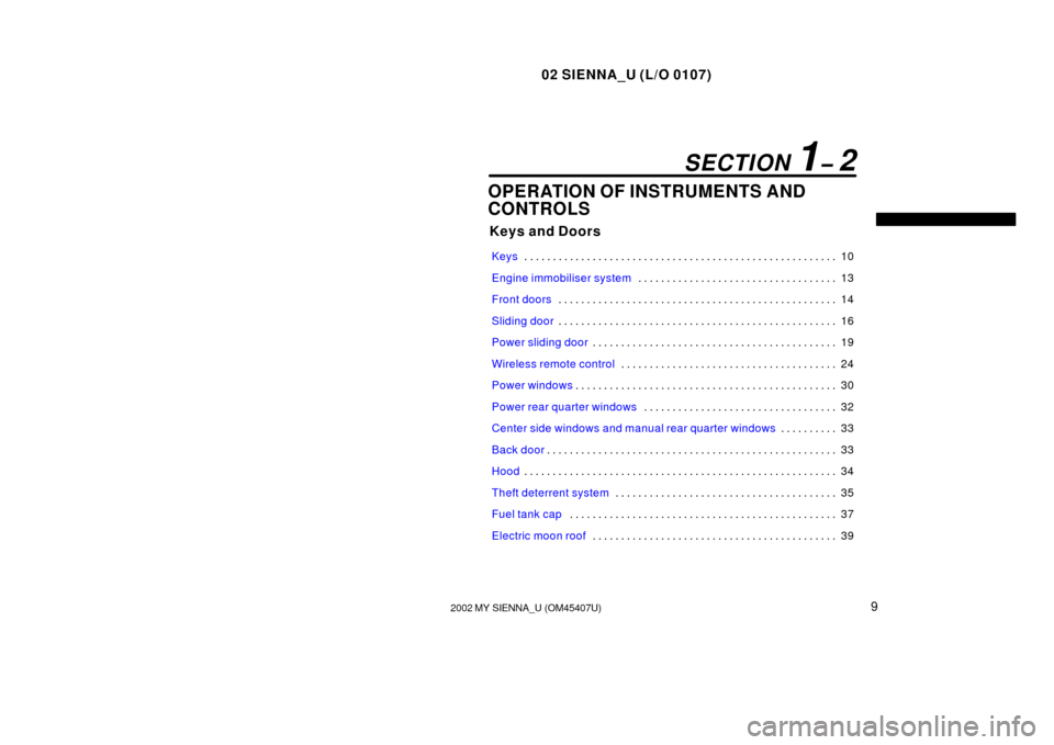 TOYOTA SIENNA 2002 XL10 / 1.G User Guide 02 SIENNA_U (L/O 0107)
92002 MY SIENNA_U (OM45407U)
OPERATION OF INSTRUMENTS AND
CONTROLS
Keys and Doors
Keys 10
. . . . . . . . . . . . . . . . . . . . . . . . . . . . . . . . . . . . .\
 . . . . . .