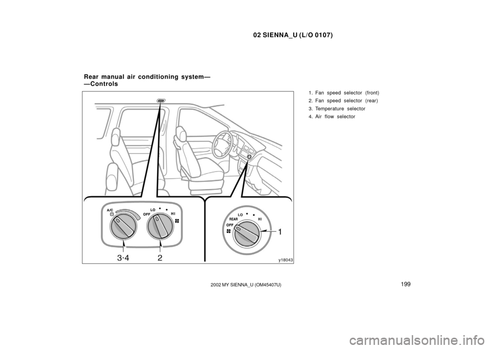 TOYOTA SIENNA 2002 XL10 / 1.G Owners Manual 02 SIENNA_U (L/O 0107)
1992002 MY SIENNA_U (OM45407U)
1. Fan speed selector (front)
2. Fan speed selector (rear)
3. Temperature selector
4. Air flow selector
Rear manual air conditioning system—
— TOYOTA SIENNA 2002 XL10 / 1.G Owners Manual 02 SIENNA_U (L/O 0107)
1992002 MY SIENNA_U (OM45407U)
1. Fan speed selector (front)
2. Fan speed selector (rear)
3. Temperature selector
4. Air flow selector
Rear manual air conditioning system—
—