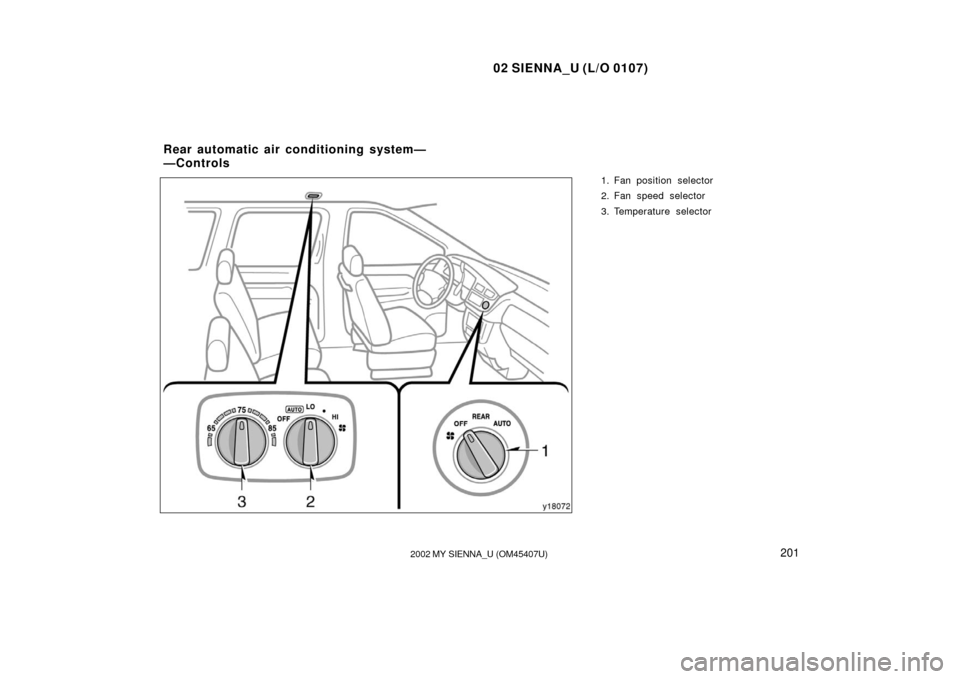 TOYOTA SIENNA 2002 XL10 / 1.G Owners Manual 02 SIENNA_U (L/O 0107)
2012002 MY SIENNA_U (OM45407U)
1. Fan position selector
2. Fan speed selector
3. Temperature selector
Rear automatic air conditioning system—
—Controls TOYOTA SIENNA 2002 XL10 / 1.G Owners Manual 02 SIENNA_U (L/O 0107)
2012002 MY SIENNA_U (OM45407U)
1. Fan position selector
2. Fan speed selector
3. Temperature selector
Rear automatic air conditioning system—
—Controls