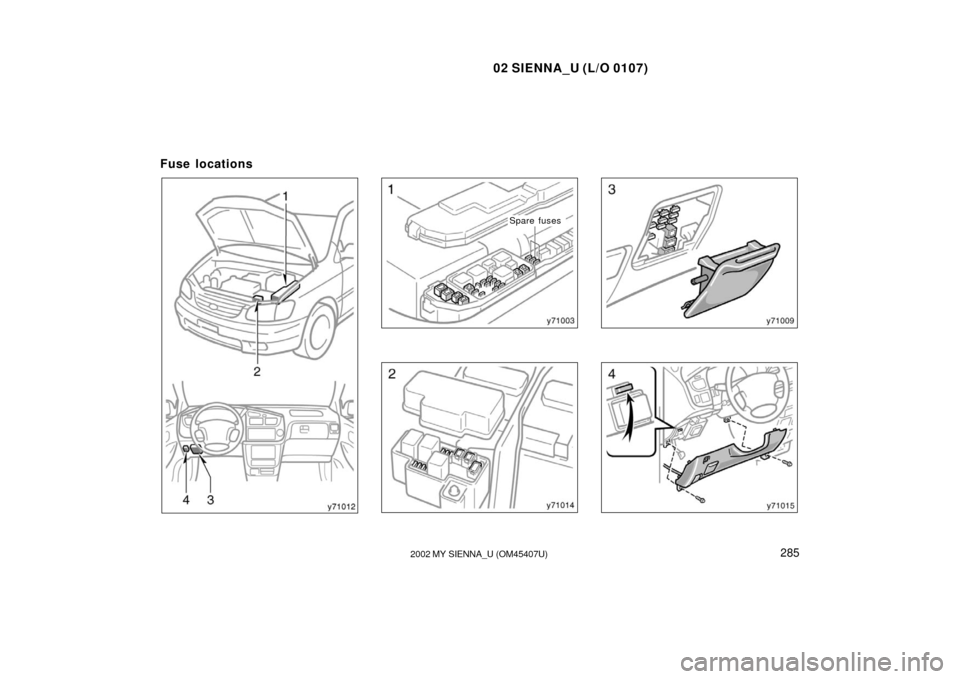 TOYOTA SIENNA 2002 XL10 / 1.G Owners Manual 02 SIENNA_U (L/O 0107)
2852002 MY SIENNA_U (OM45407U)
Fuse locations
Spare fuses 