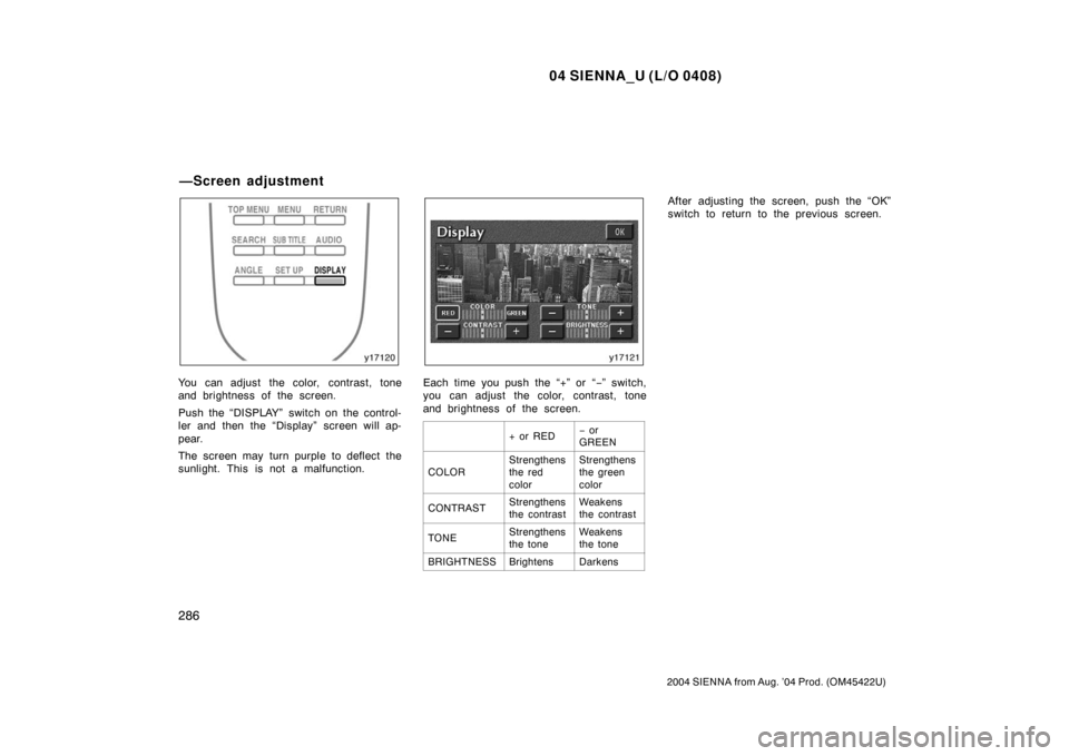 TOYOTA SIENNA 2004 XL20 / 2.G Owners Manual 04 SIENNA_U (L/O 0408)
286
2004 SIENNA from Aug. ’04 Prod. (OM45422U)
You can adjust the color, contrast, tone
and brightness of the screen.
Push the “DISPLAY” switch on the control-
ler and the TOYOTA SIENNA 2004 XL20 / 2.G Owners Manual 04 SIENNA_U (L/O 0408)
286
2004 SIENNA from Aug. ’04 Prod. (OM45422U)
You can adjust the color, contrast, tone
and brightness of the screen.
Push the “DISPLAY” switch on the control-
ler and the