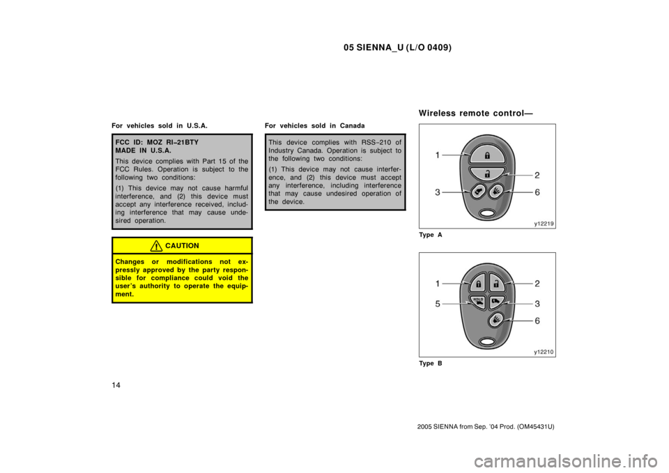 TOYOTA SIENNA 2005 XL20 / 2.G Owners Manual 05 SIENNA_U (L/O 0409)
14
2005 SIENNA from Sep. ’04 Prod. (OM45431U)
For vehicles sold in U.S.A.
FCC ID: MOZ RI�21BTY
MADE IN U.S.A.
This device complies with Part 15 of the
FCC Rules. Operation is 