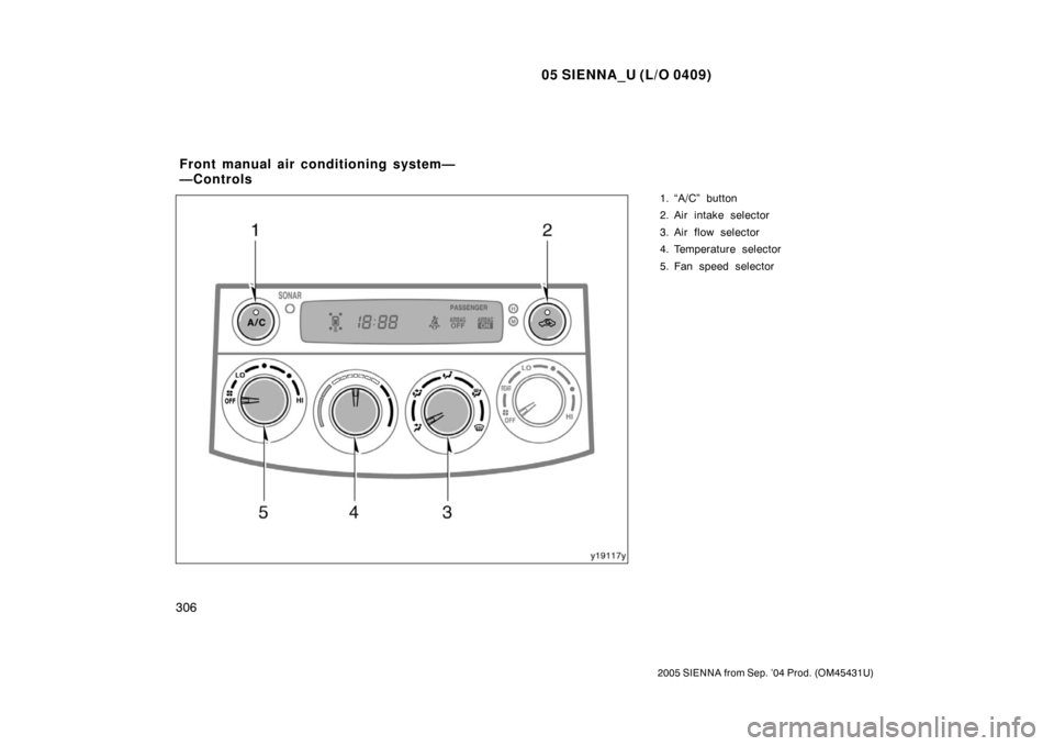 TOYOTA SIENNA 2005 XL20 / 2.G Owners Manual 05 SIENNA_U (L/O 0409)
306
2005 SIENNA from Sep. ’04 Prod. (OM45431U)
1. “A/C” button
2. Air intake selector
3. Air flow selector
4. Temperature selector
5. Fan speed selector
Front manual air c