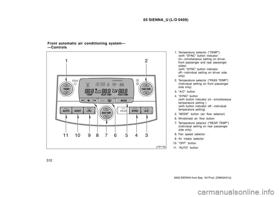 TOYOTA SIENNA 2005 XL20 / 2.G Owners Manual 05 SIENNA_U (L/O 0409)
312
2005 SIENNA from Sep. ’04 Prod. (OM45431U)
1. Temperature selector (“TEMP”)(with “SYNC” button indicator
on—simultaneous  setting on driver,
front passenger and 