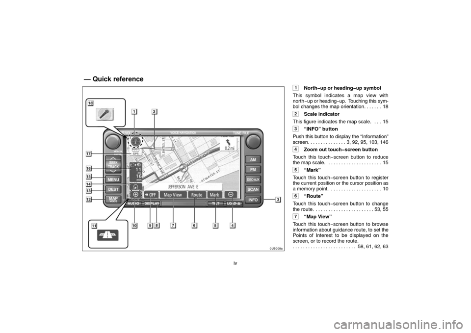 TOYOTA SIENNA 2006 XL20 / 2.G Navigation Manual iv
1North�up or heading�up symbol
This symbol indicates a map view with
north−up or heading −up.  T ouching this sym-
bol changes the map orientation. 18 . . . . . . 
2Scale indicator
This figure 