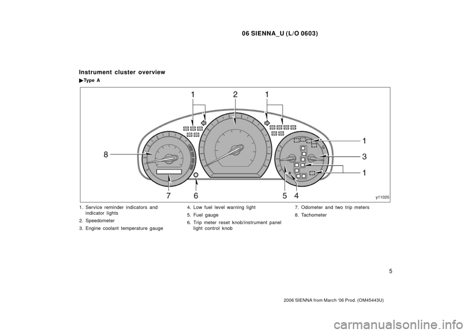 TOYOTA SIENNA 2006 XL20 / 2.G Owners Manual 06 SIENNA_U (L/O 0603)
5
2006 SIENNA from March ‘06 Prod. (OM45443U)
1. Service reminder indicators andindicator lights
2. Speedometer
3. Engine coolant temperature gauge 4. Low fuel level warning l