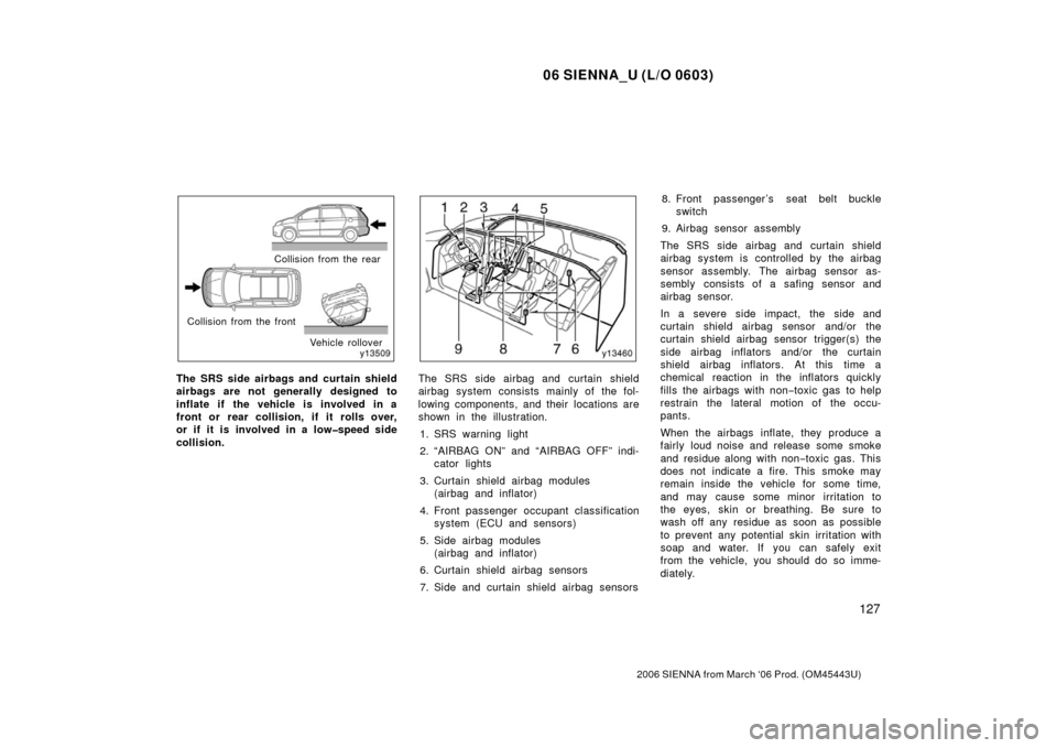 TOYOTA SIENNA 2006 XL20 / 2.G Owners Manual 06 SIENNA_U (L/O 0603)
127
2006 SIENNA from March ‘06 Prod. (OM45443U)
Collision from the rear
Collision from the front Vehicle rollover
The SRS side airbags and curtain shield
airbags are not gener