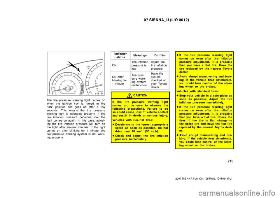 TOYOTA SIENNA 2007 XL20 / 2.G Owners Manual 07 SIENNA_U (L/O 0612)
215
2007 SIENNA from Oct. ’06 Prod. (OM45437U)
The tire pressure warning light comes on
when the ignition key is turned to the
“ON” position and goes off after a few
secon