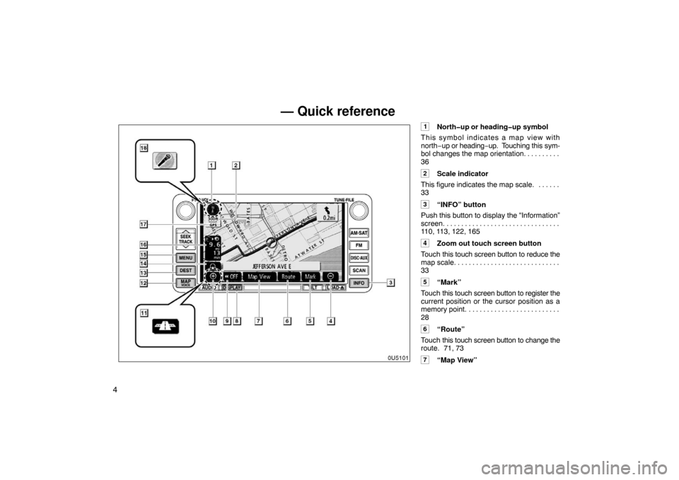 TOYOTA SIENNA 2008 XL20 / 2.G Navigation Manual 4
1North�up or heading�up symbol
This symbol indicates a map view with
north−up or heading−up.  Touching this sym-
bol changes the map orientation. . . . . . . . . . 
36
2Scale indicator
This figu