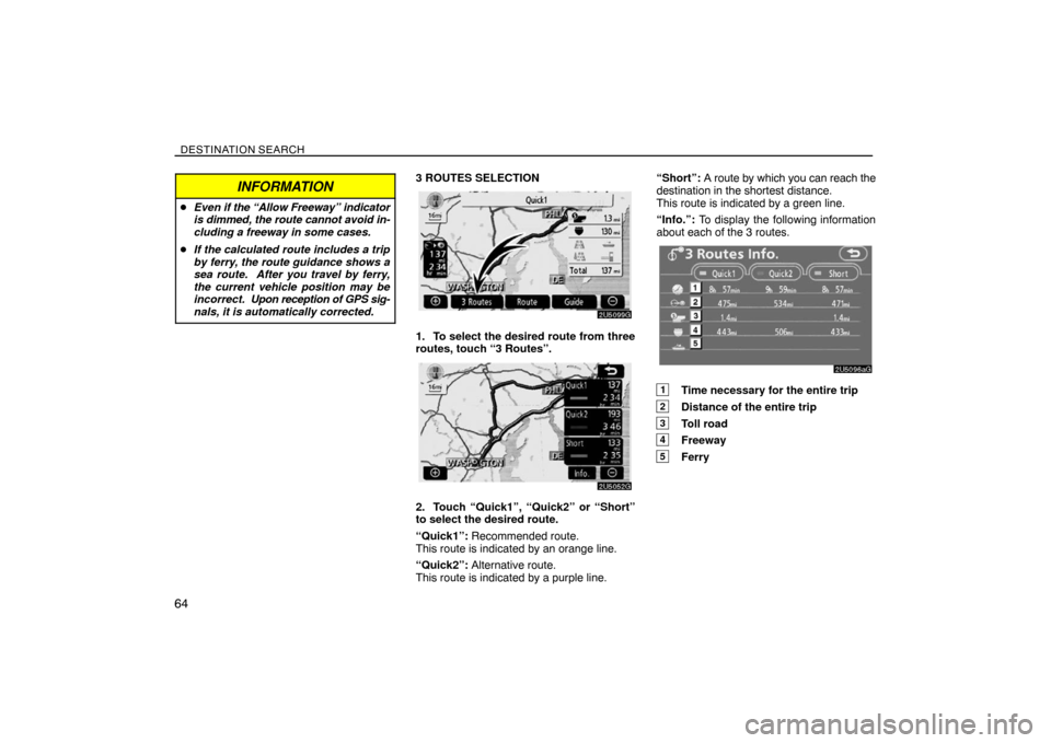 TOYOTA SIENNA 2008 XL20 / 2.G Navigation Manual DESTINATION SEARCH
64
INFORMATION
Even if the “Allow Freeway” indicator
is dimmed, the route cannot avoid in-
cluding a freeway in some cases.
If the calculated route includes a trip
by ferry, t