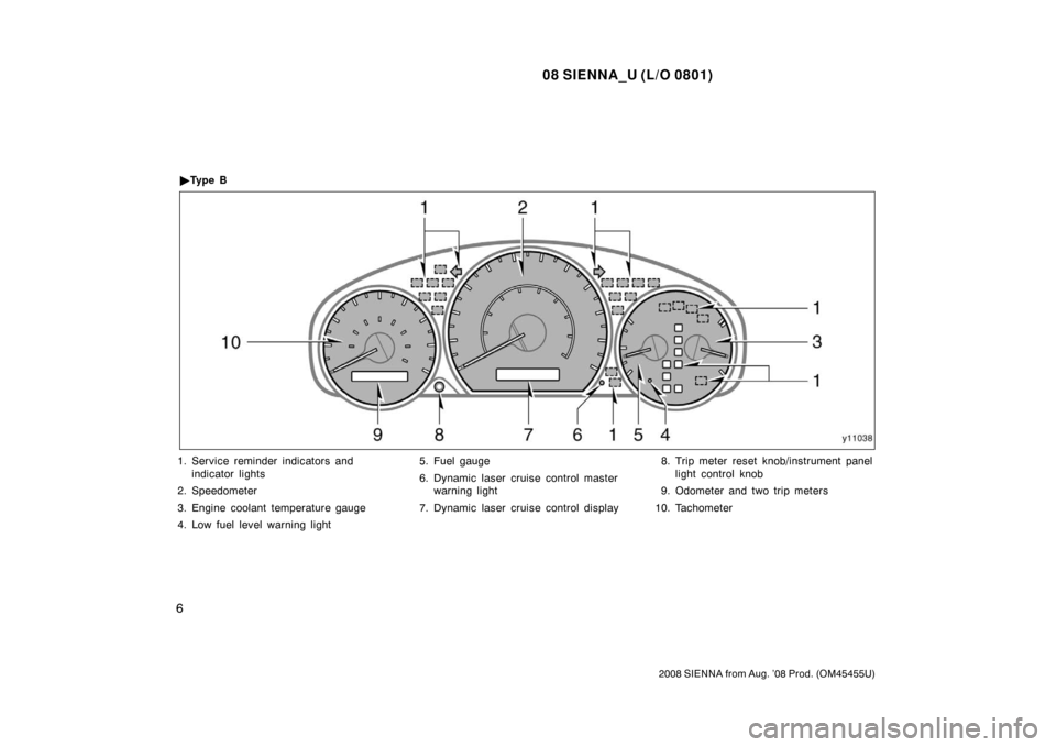 TOYOTA SIENNA 2008 XL20 / 2.G Owners Manual 08 SIENNA_U (L/O 0801)
6
2008 SIENNA from Aug. ’08 Prod. (OM45455U)
1. Service reminder indicators andindicator lights
2. Speedometer
3. Engine coolant temperature gauge
4. Low fuel level warning li