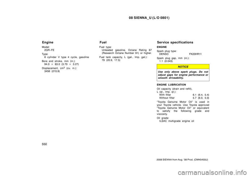 TOYOTA SIENNA 2008 XL20 / 2.G Owners Manual 08 SIENNA_U (L/O 0801)
550
2008 SIENNA from Aug. ’08 Prod. (OM45455U)
Model:2GR −FE
Type: 6 cylinder V type 4 cycle, gasoline
Bore and stroke, mm (in.): 94.0 83.0 (3.70 3.27)
Displacement, cm
3 