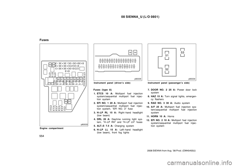 TOYOTA SIENNA 2008 XL20 / 2.G Owners Manual 08 SIENNA_U (L/O 0801)
554
2008 SIENNA from Aug. ’08 Prod. (OM45455U)
Engine compartment
Instrument panel (driver’s side)
Fuses (type A)1. ETCS 10 A:  Multiport fuel injection
system/se quential m