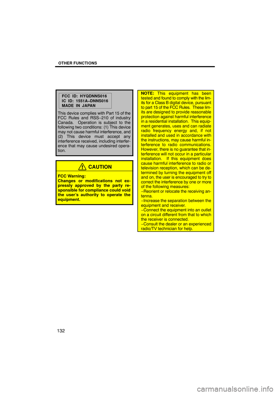 TOYOTA SIENNA 2009 XL20 / 2.G Navigation Manual OTHER FUNCTIONS
132
FCC ID: HYQDNNS016
IC ID: 1551A�DNNS016
MADE IN JAPAN
This device complies with Part 15 of the
FCC Rules and RSS −210 of industry
Canada.  Operation is subject to the
following t