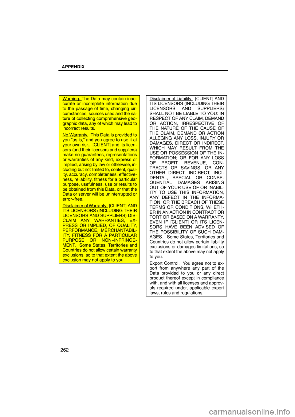 TOYOTA SIENNA 2009 XL20 / 2.G Navigation Manual APPENDIX
262
Warning. The Data may contain inac-
curate or incomplete information due
to the passage of time, changing cir-
cumstances,  sources used and the na-
ture of collecting comprehensive geo-
