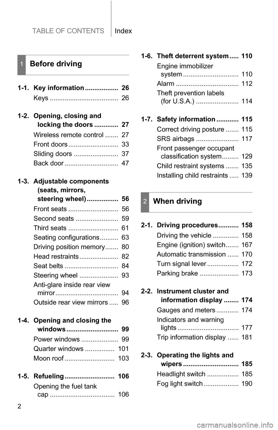 TOYOTA SIENNA 2009 XL20 / 2.G Owners Manual TABLE OF CONTENTSIndex
2
1-1. Key information .................. 26Keys ..................................... 26
1-2. Opening, closing and
locking the doors ............. 27
Wireless remote contro TOYOTA SIENNA 2009 XL20 / 2.G Owners Manual TABLE OF CONTENTSIndex
2
1-1. Key information .................. 26Keys ..................................... 26
1-2. Opening, closing and
locking the doors ............. 27
Wireless remote contro
