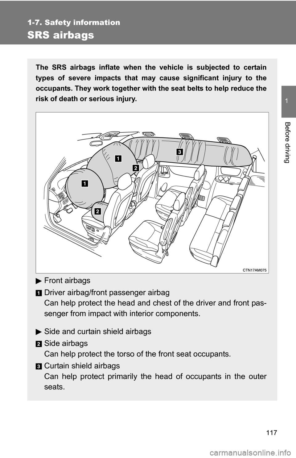 TOYOTA SIENNA 2009 XL20 / 2.G Owners Manual 117
1
1-7. Safety information
Before driving
SRS airbags
The SRS airbags inflate when the vehicle is subjected to certain
types of severe impacts that may  cause significant injury to the
occupants. T