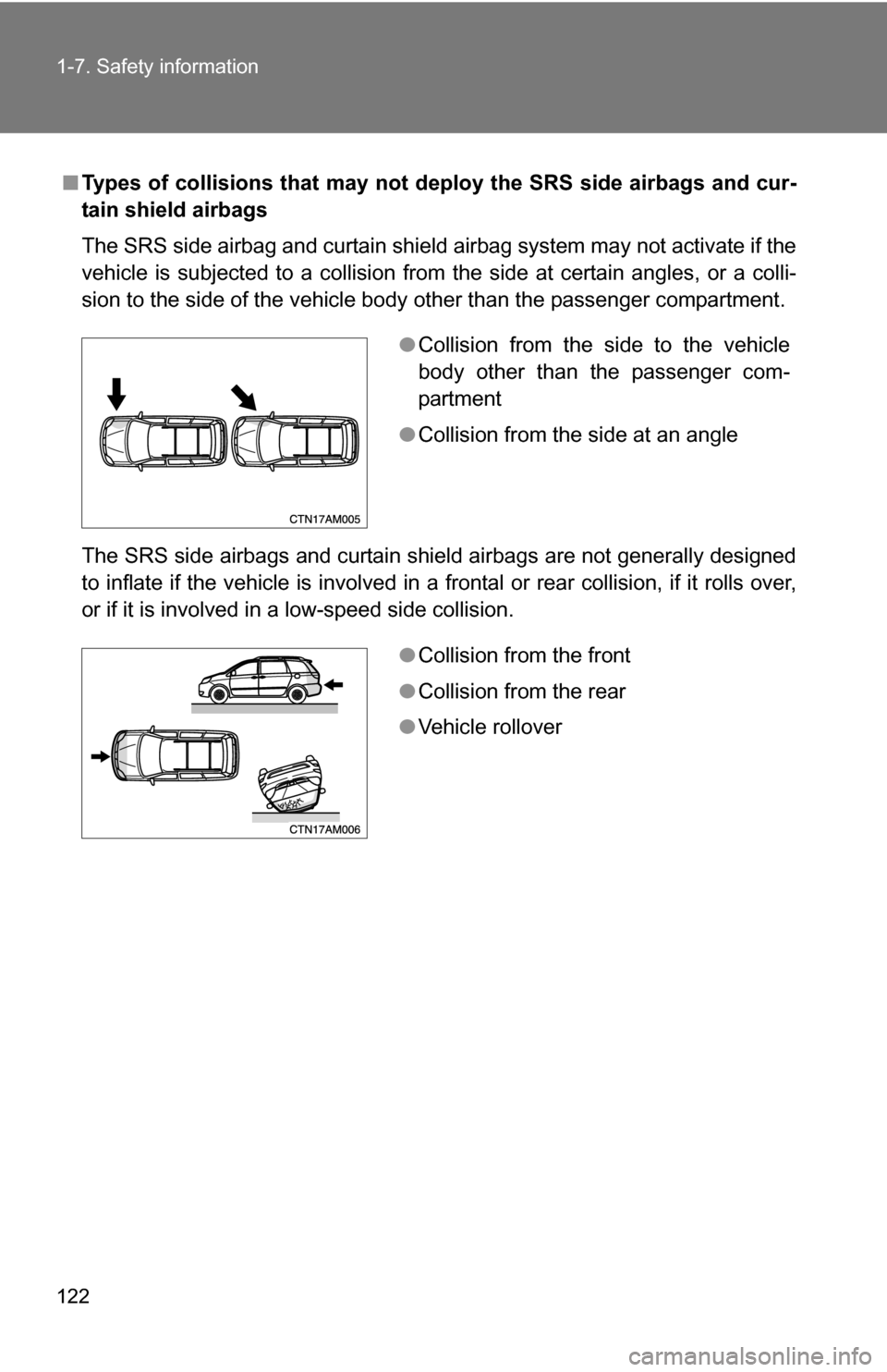 TOYOTA SIENNA 2009 XL20 / 2.G Owners Manual 122 1-7. Safety information
■Types of collisions that may not de ploy the SRS side airbags and cur-
tain shield airbags
The SRS side airbag and curtain shield airbag system may not activate if the
v