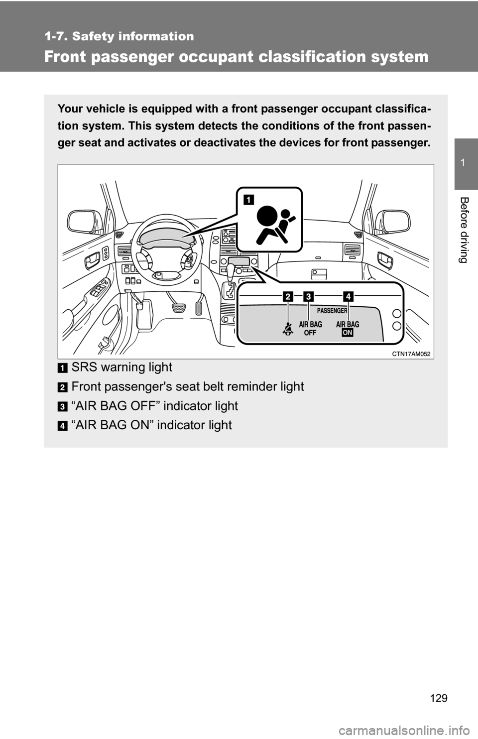 TOYOTA SIENNA 2009 XL20 / 2.G Owners Manual 129
1
1-7. Safety information
Before driving
Front passenger occupant classification system
Your vehicle is equipped with a front passenger occupant classifica-
tion system. This system detects the  c