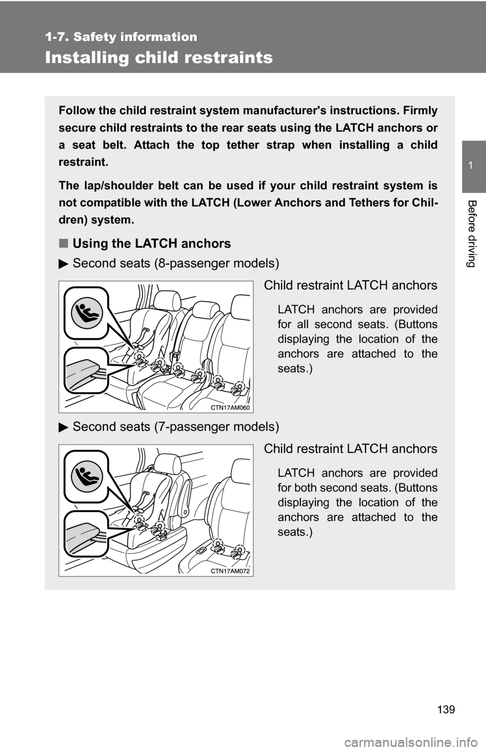 TOYOTA SIENNA 2009 XL20 / 2.G Owners Manual 139
1
1-7. Safety information
Before driving
Installing child restraints
Follow the child restraint system manufacturers instructions. Firmly
secure child restraints to the r ear seats using the LATC