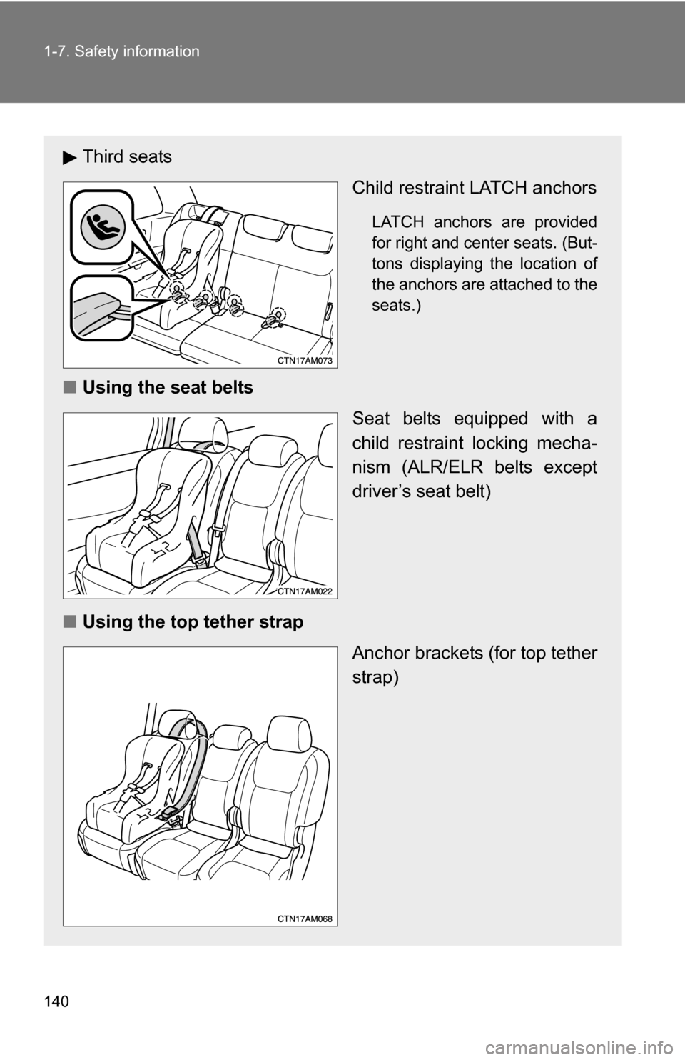 TOYOTA SIENNA 2009 XL20 / 2.G Owners Manual 140 1-7. Safety information
Third seatsChild restraint LATCH anchors
LATCH anchors are provided
for right and center seats. (But-
tons displaying the location of
the anchors are attached to the
seats.