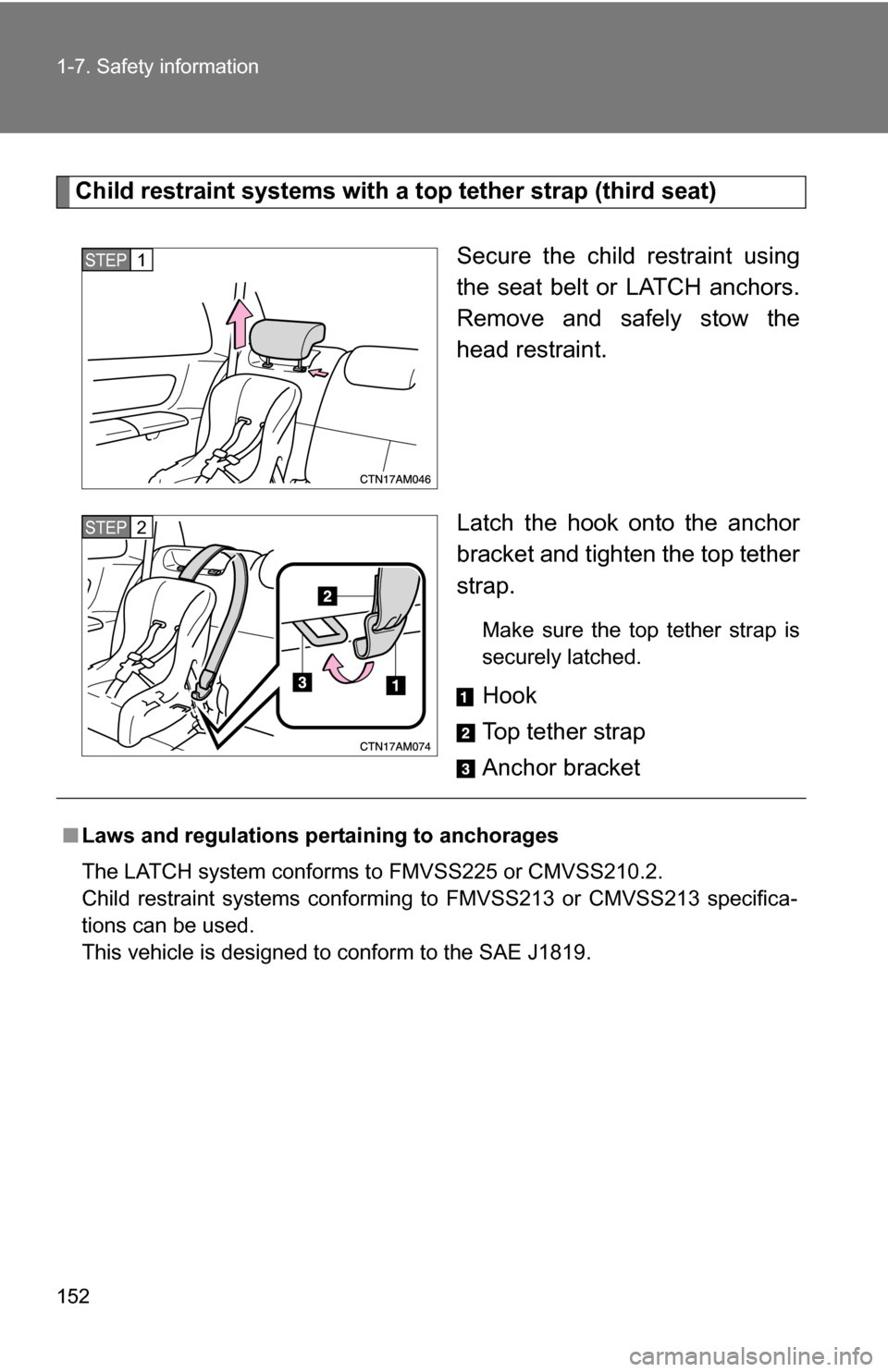 TOYOTA SIENNA 2009 XL20 / 2.G Owners Manual 152 1-7. Safety information
Child restraint systems with a top tether strap (third seat)Secure the child restraint using
the seat belt or LATCH anchors.
Remove and safely stow the
head restraint.
Latc TOYOTA SIENNA 2009 XL20 / 2.G Owners Manual 152 1-7. Safety information
Child restraint systems with a top tether strap (third seat)Secure the child restraint using
the seat belt or LATCH anchors.
Remove and safely stow the
head restraint.
Latc