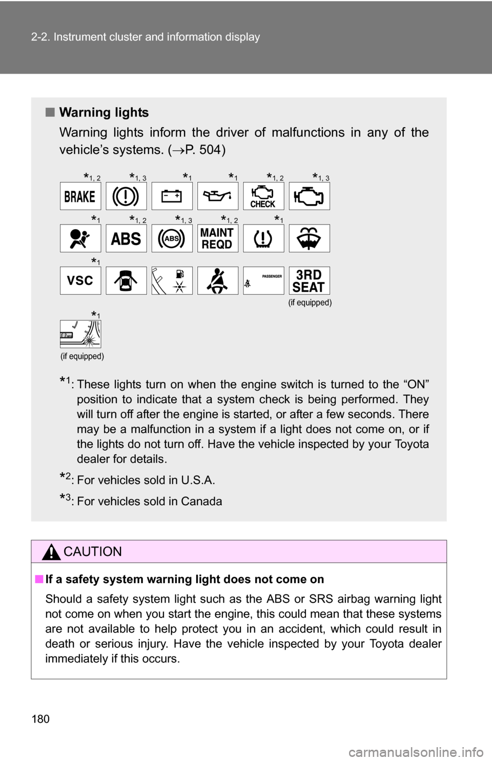 TOYOTA SIENNA 2009 XL20 / 2.G Owners Manual 180 2-2. Instrument cluster and information display
CAUTION
■If a safety system warning light does not come on
Should a safety system light such as the ABS or SRS airbag warning light
not come on wh TOYOTA SIENNA 2009 XL20 / 2.G Owners Manual 180 2-2. Instrument cluster and information display
CAUTION
■If a safety system warning light does not come on
Should a safety system light such as the ABS or SRS airbag warning light
not come on wh