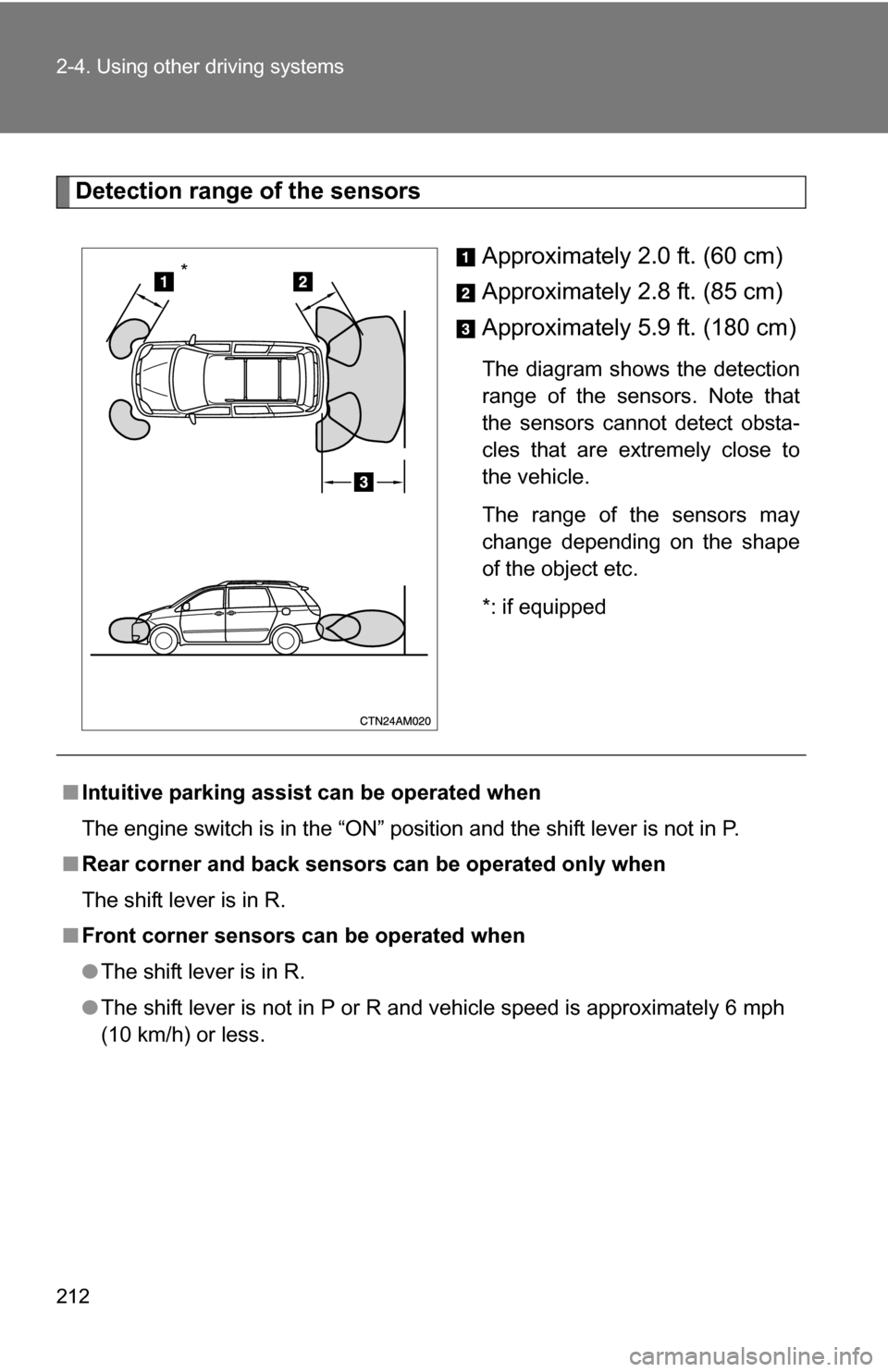TOYOTA SIENNA 2009 XL20 / 2.G Owners Manual 212 2-4. Using other driving systems
Detection range of the sensorsApproximately 2.0 ft. (60 cm)
Approximately 2.8 ft. (85 cm)
Approximately 5.9 ft. (180 cm)
The diagram shows the detection
range of t