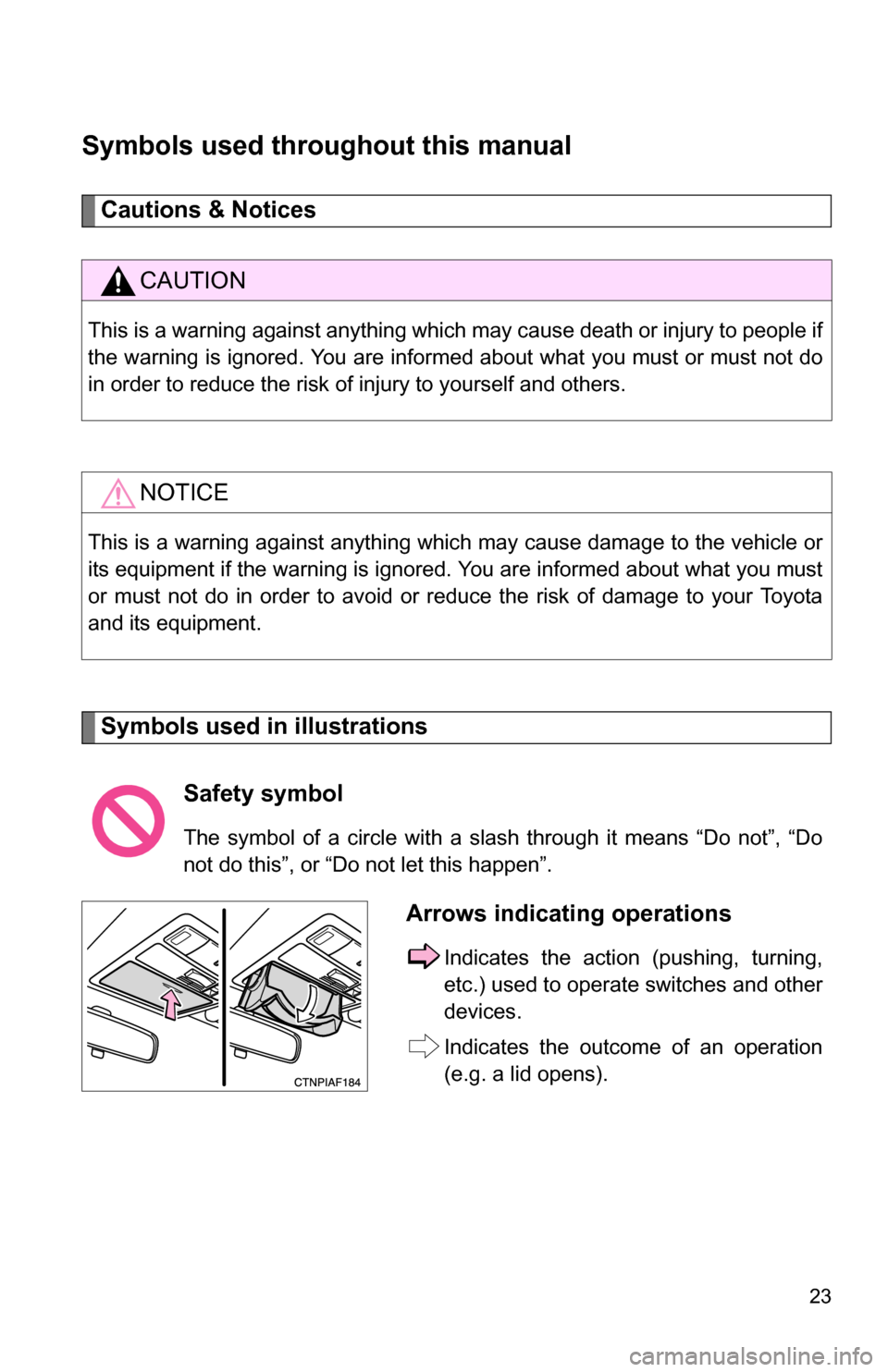 TOYOTA SIENNA 2009 XL20 / 2.G Owners Manual 23
Symbols used throughout this manual
Cautions & Notices
Symbols used in illustrations
CAUTION
This is a warning against anything which may cause death or injury to people if
the warning is ignored. TOYOTA SIENNA 2009 XL20 / 2.G Owners Manual 23
Symbols used throughout this manual
Cautions & Notices
Symbols used in illustrations
CAUTION
This is a warning against anything which may cause death or injury to people if
the warning is ignored.