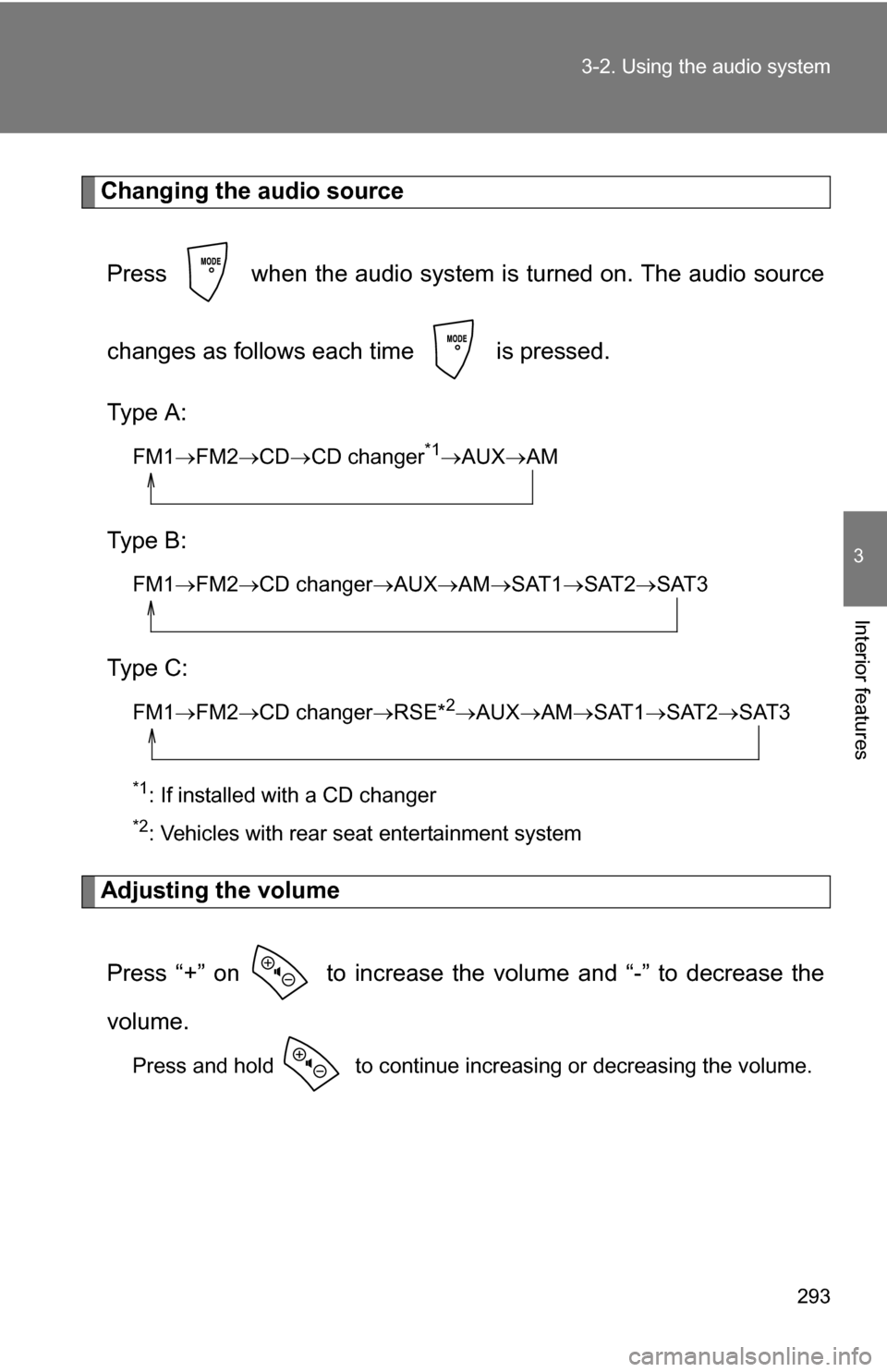 TOYOTA SIENNA 2009 XL20 / 2.G Owners Manual 293
3-2. Using the audio system
3
Interior features
Changing the audio source
Press   when the audio system is turned on. The audio source
changes as follows each time   is pressed.
Type A:
FM1 FM2